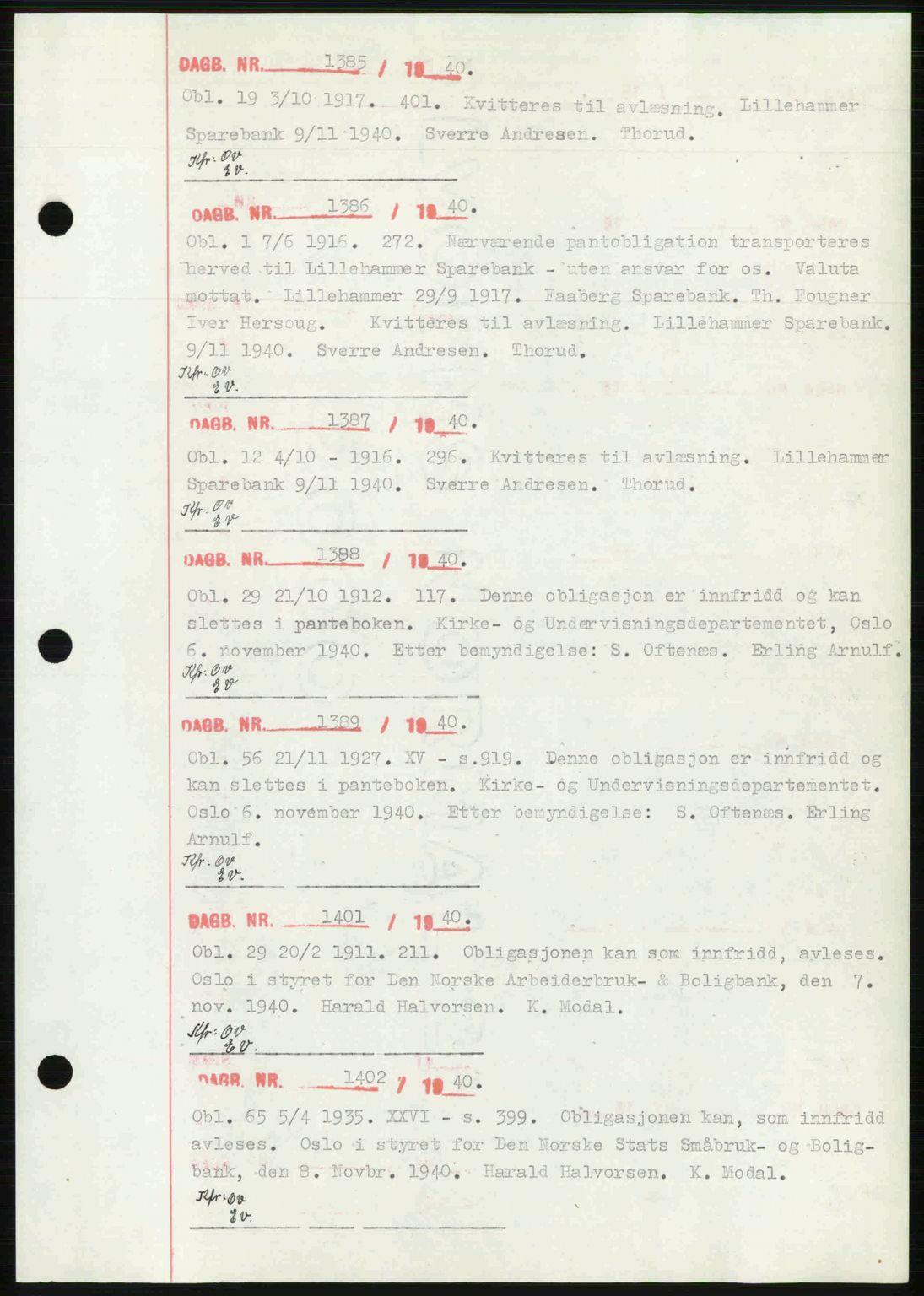 Sør-Gudbrandsdal tingrett, SAH/TING-004/H/Hb/Hbf/L0002: Mortgage book no. C1, 1938-1951, Diary no: : 1385/1940