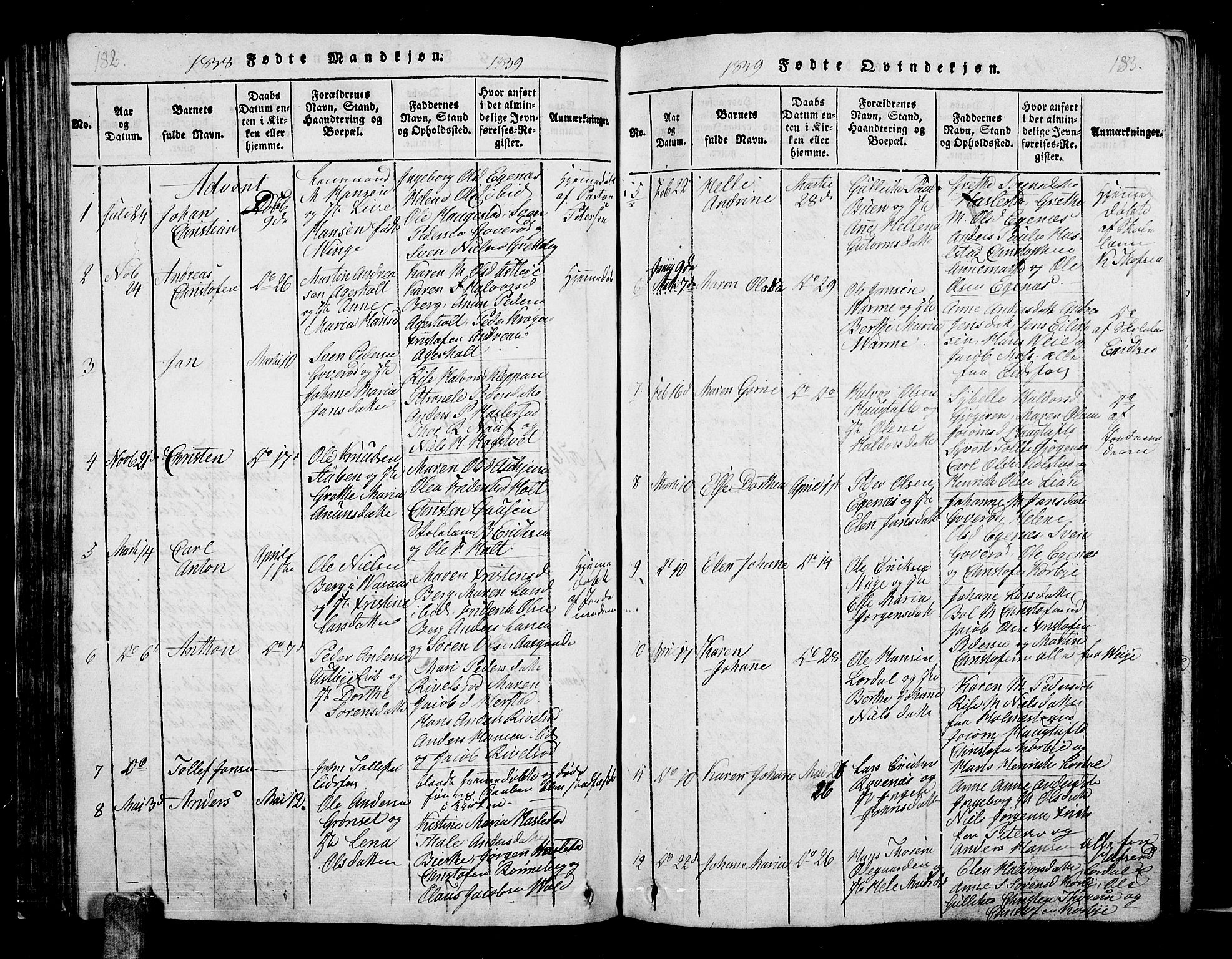 Hof kirkebøker, AV/SAKO-A-64/G/Ga/L0001: Parish register (copy) no. I 1, 1814-1844, p. 182-183