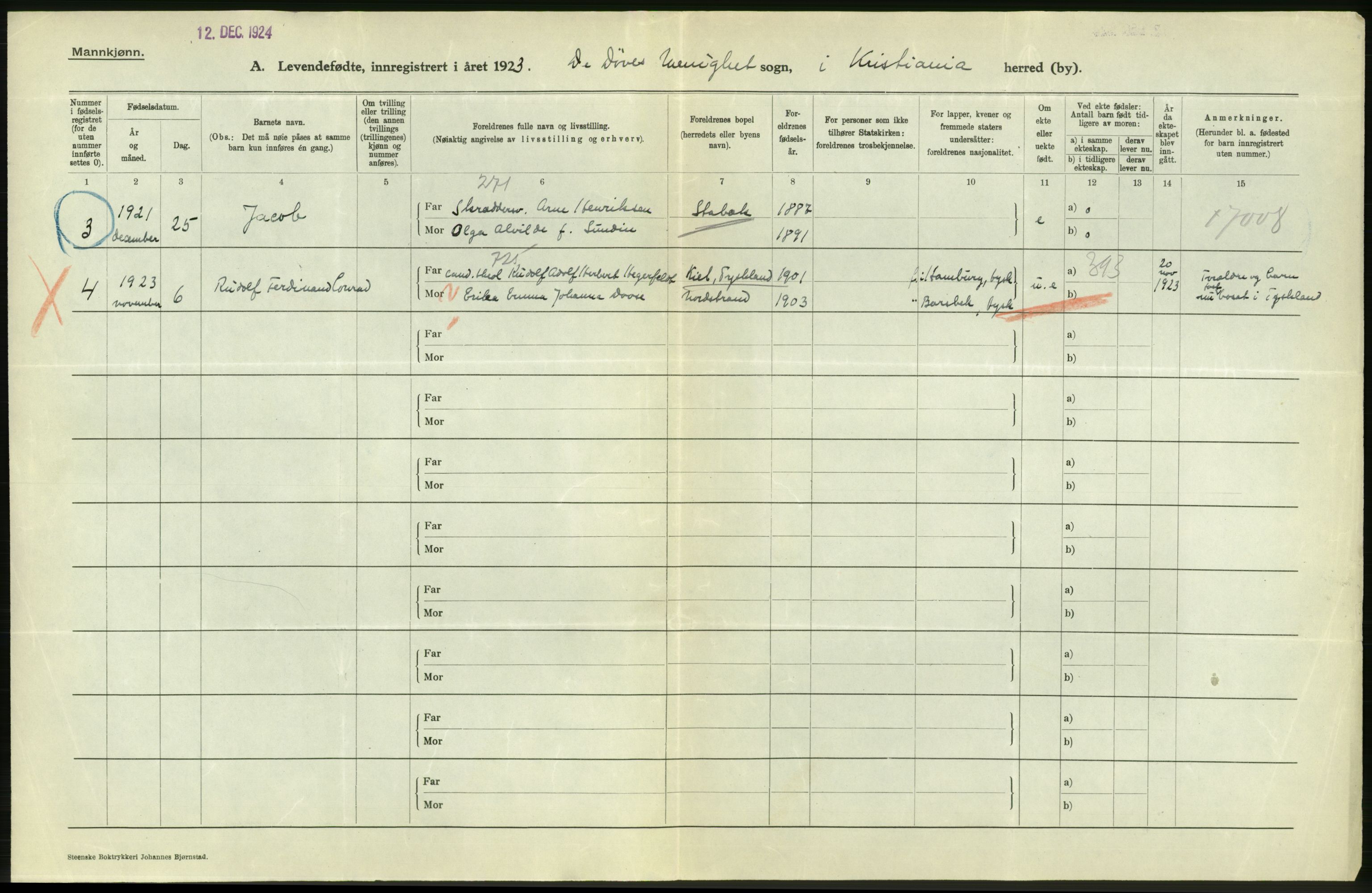 Statistisk sentralbyrå, Sosiodemografiske emner, Befolkning, AV/RA-S-2228/D/Df/Dfc/Dfcc/L0007: Kristiania: Levendefødte menn og kvinner., 1923, p. 638