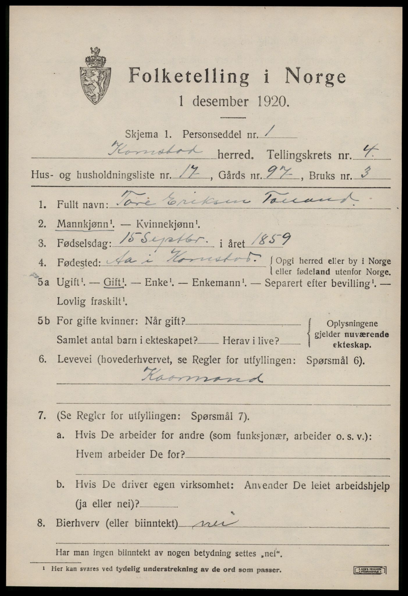 SAT, 1920 census for Kornstad, 1920, p. 2703