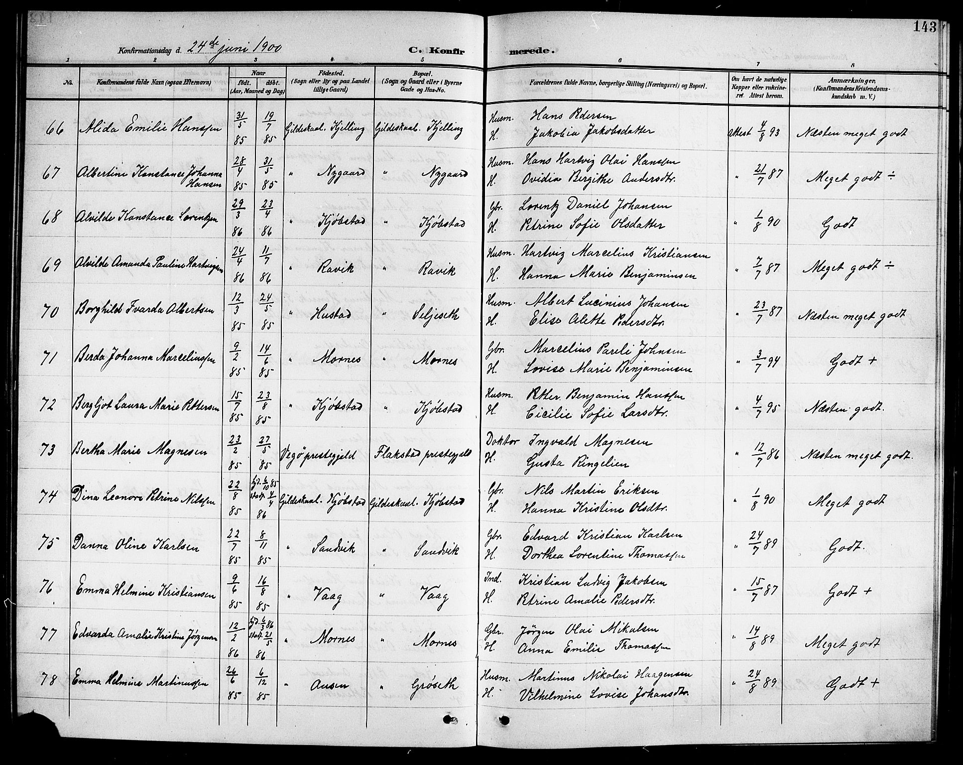 Ministerialprotokoller, klokkerbøker og fødselsregistre - Nordland, AV/SAT-A-1459/805/L0109: Parish register (copy) no. 805C05, 1900-1911, p. 143