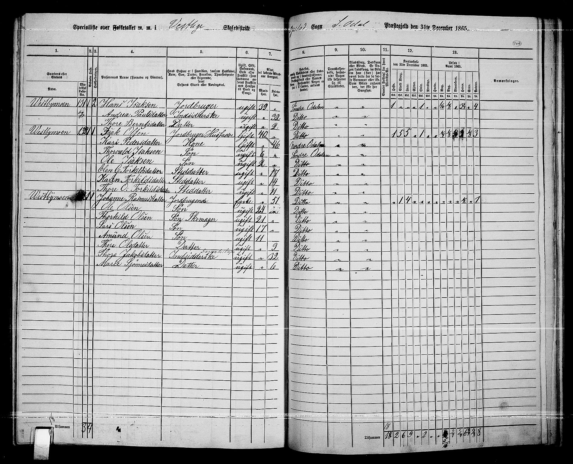 RA, 1865 census for Sør-Odal, 1865, p. 268