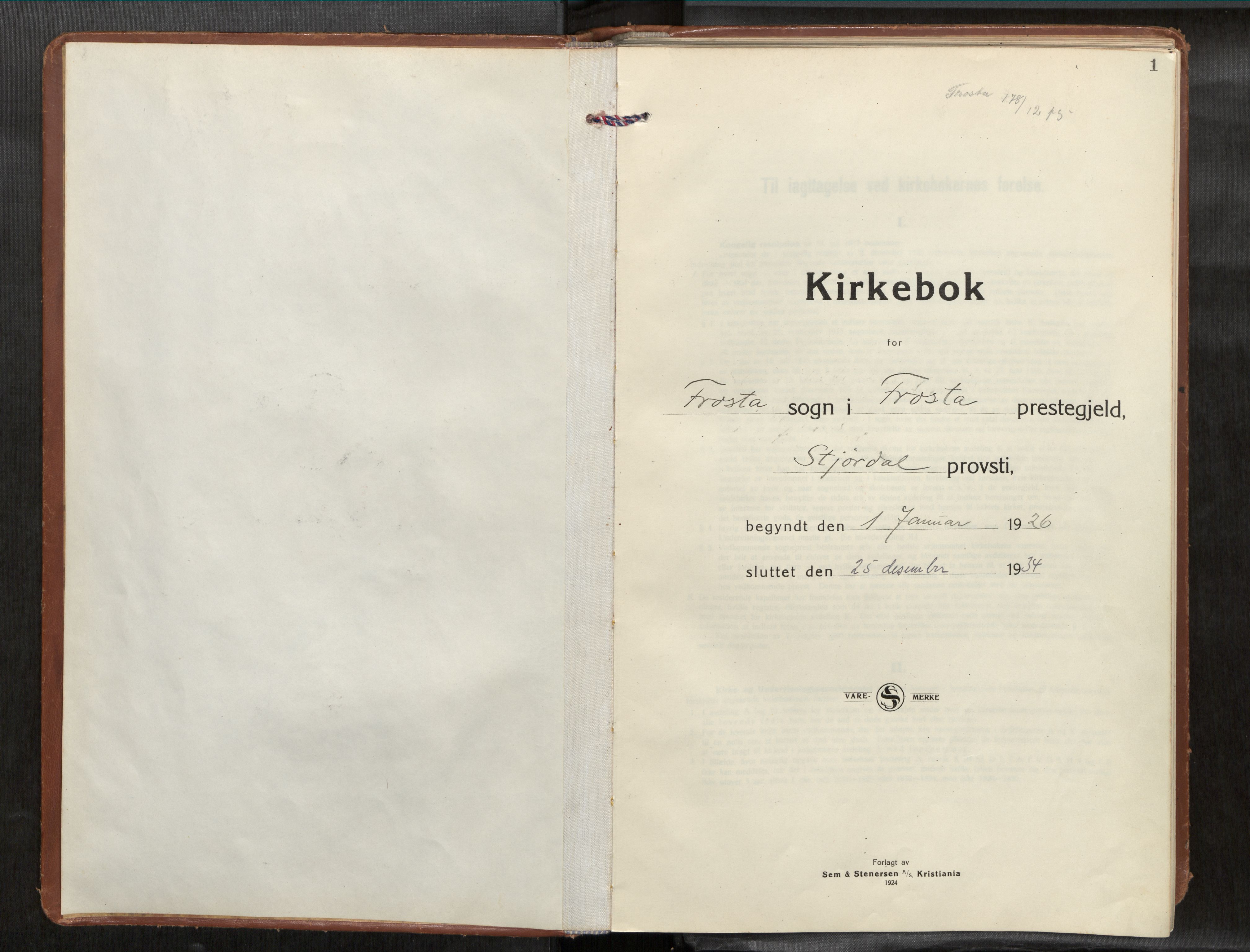 Frosta sokneprestkontor, SAT/A-4380/2/H/Haa/L0001: Parish register (official) no. 1, 1926-1934, p. 1