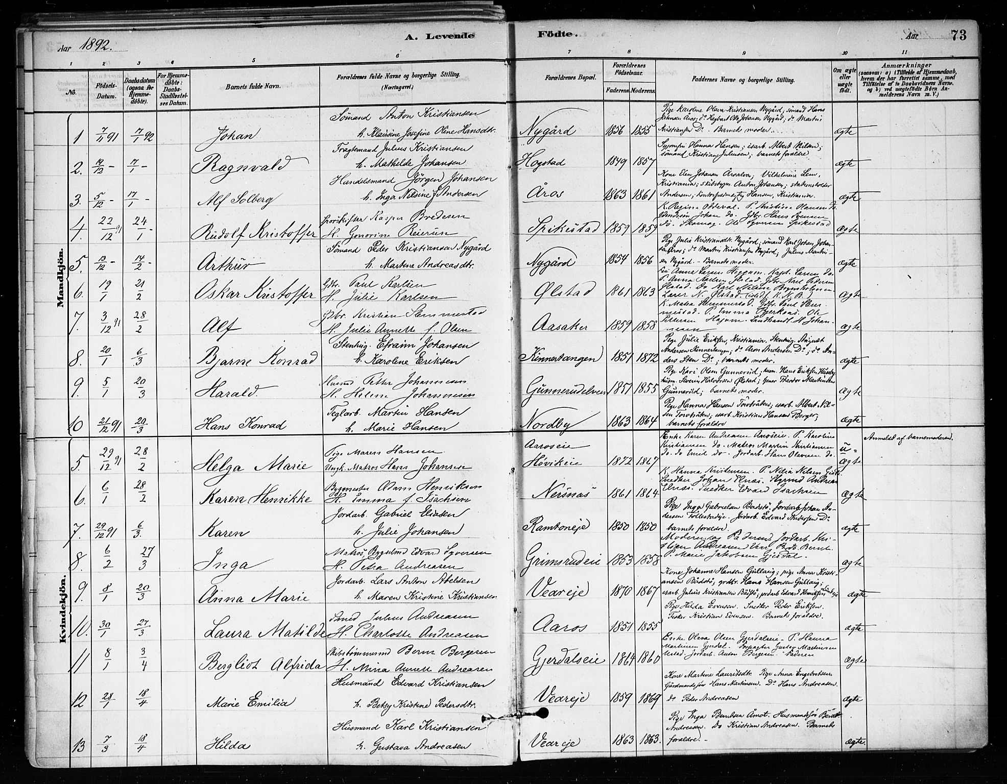 Røyken kirkebøker, AV/SAKO-A-241/F/Fa/L0008: Parish register (official) no. 8, 1880-1897, p. 73