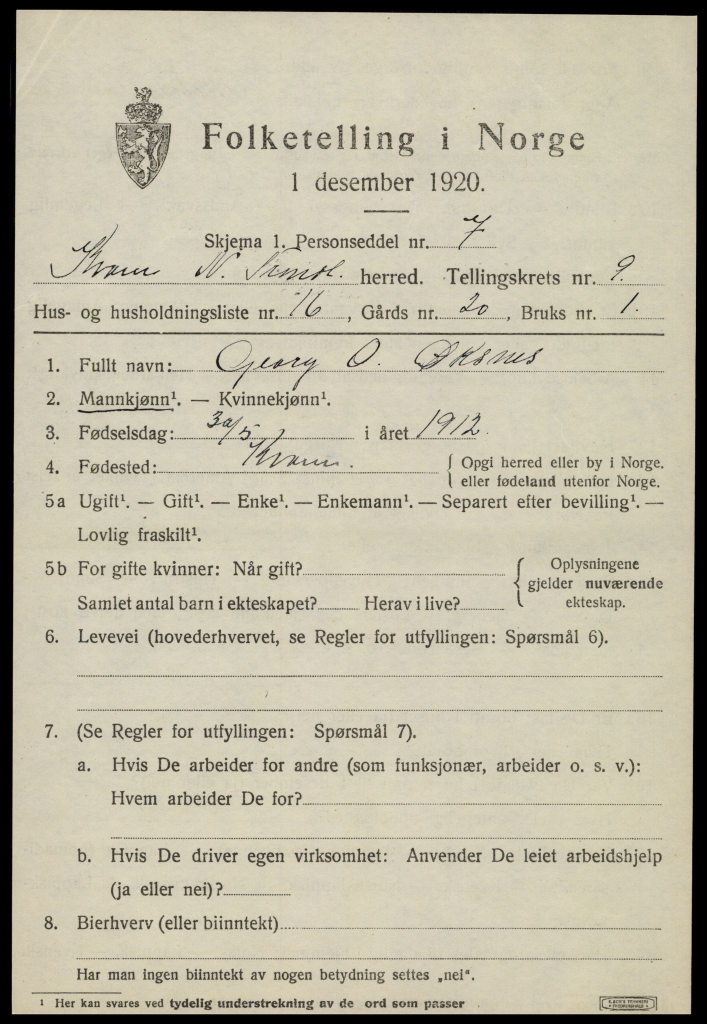 SAT, 1920 census for Kvam, 1920, p. 2513