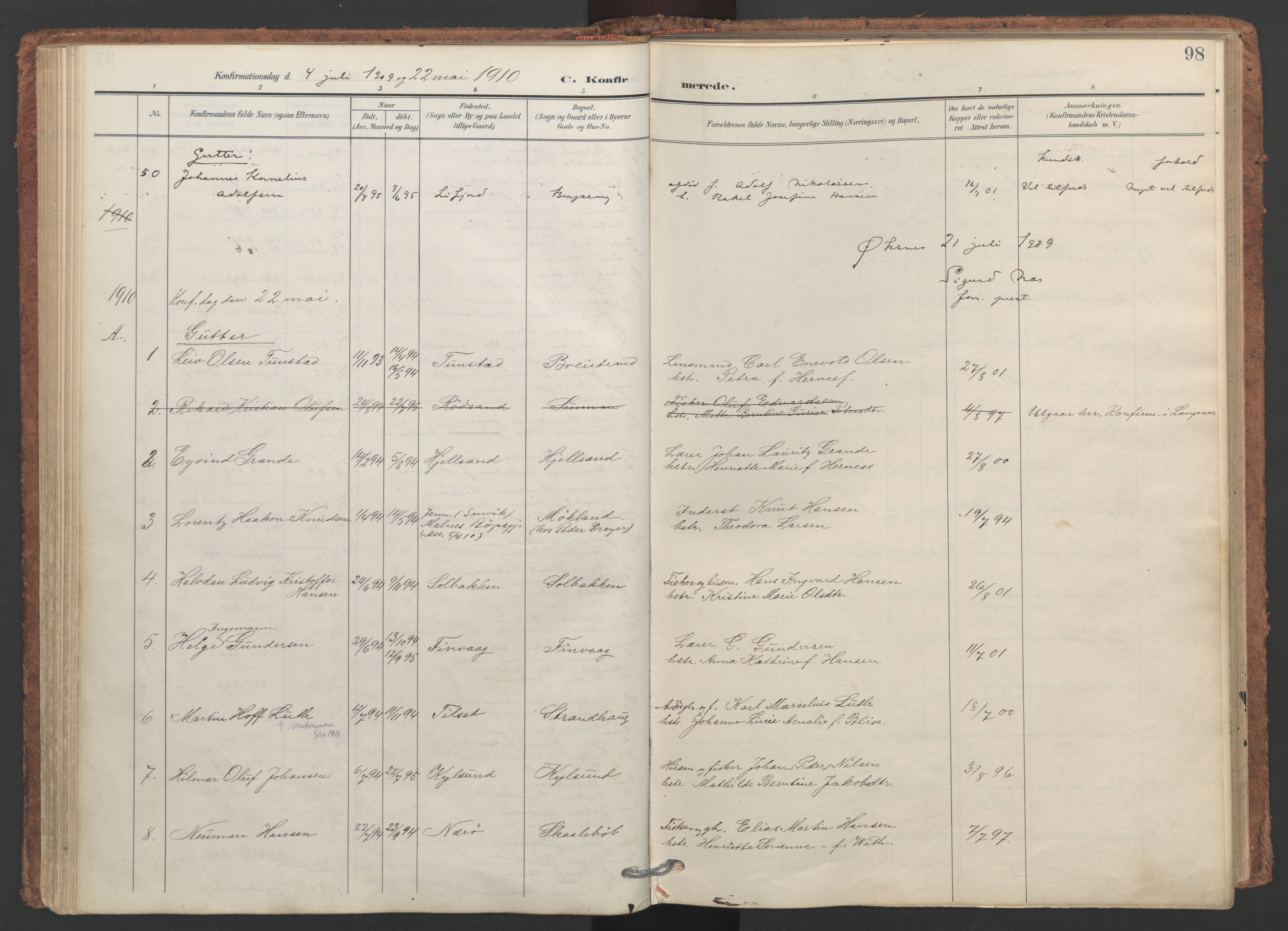 Ministerialprotokoller, klokkerbøker og fødselsregistre - Nordland, SAT/A-1459/893/L1339: Parish register (official) no. 893A11, 1904-1914, p. 98