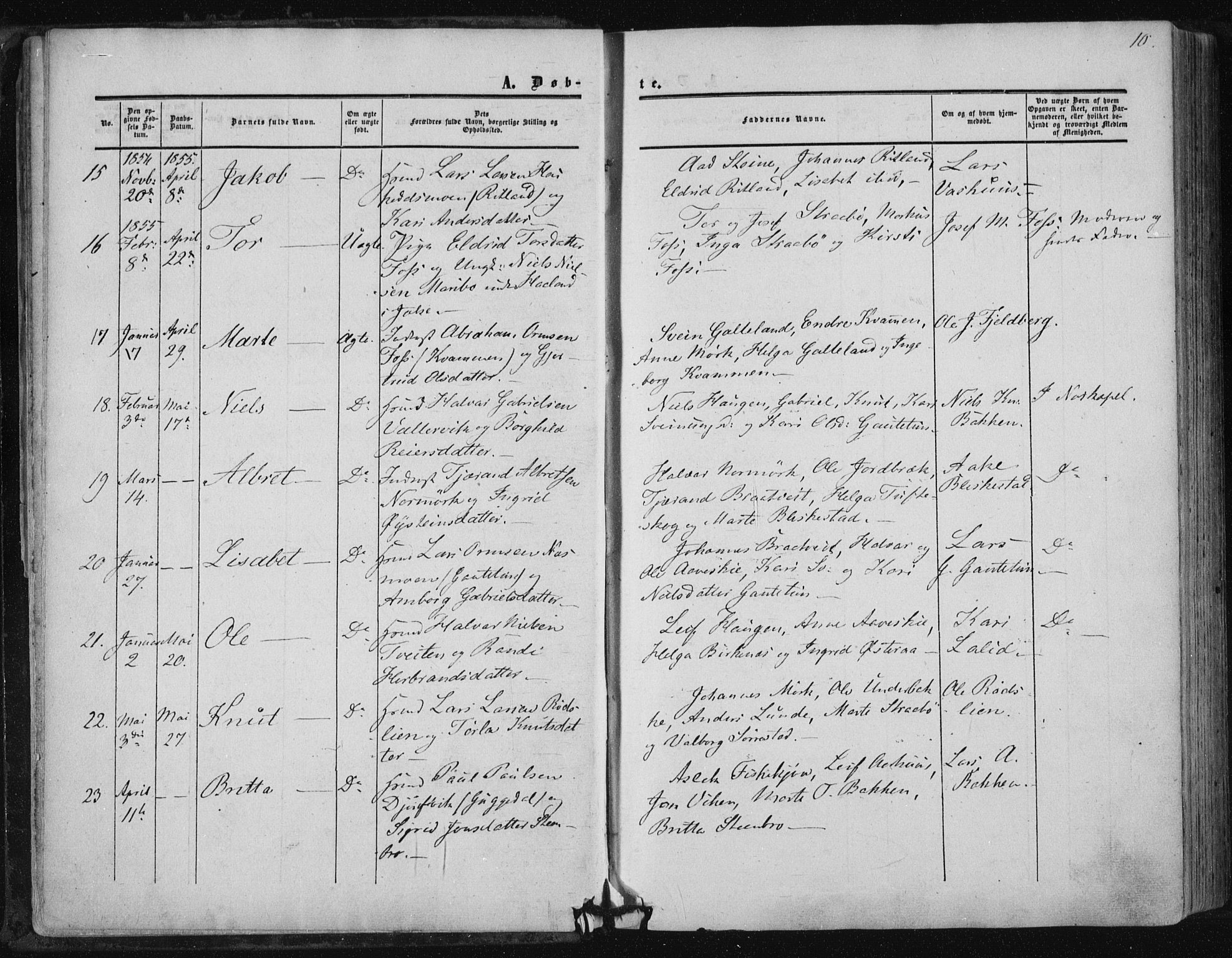 Suldal sokneprestkontor, AV/SAST-A-101845/01/IV/L0009: Parish register (official) no. A 9, 1854-1868, p. 10