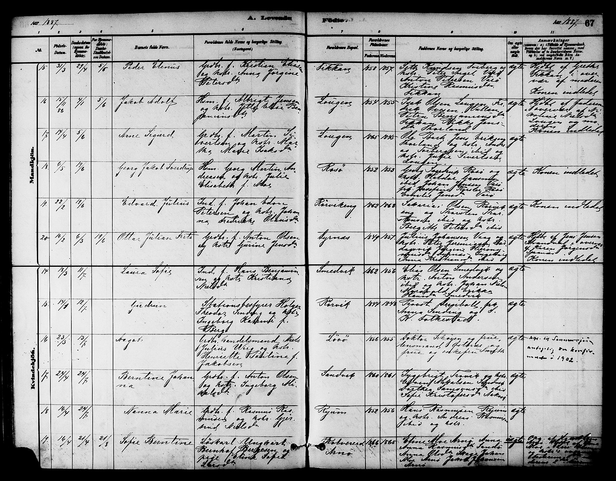 Ministerialprotokoller, klokkerbøker og fødselsregistre - Nord-Trøndelag, AV/SAT-A-1458/784/L0672: Parish register (official) no. 784A07, 1880-1887, p. 67