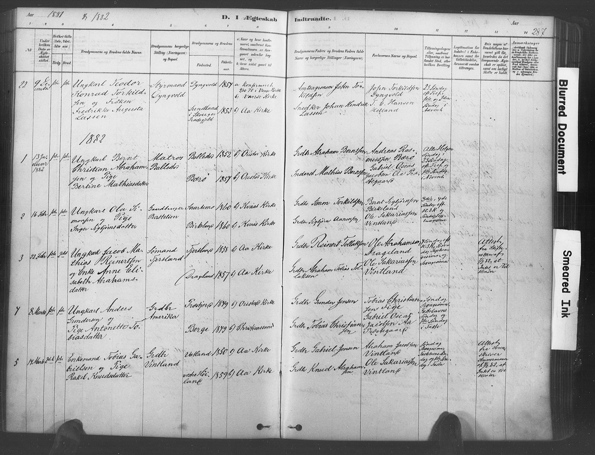 Lyngdal sokneprestkontor, AV/SAK-1111-0029/F/Fa/Fac/L0011: Parish register (official) no. A 11, 1878-1893, p. 287