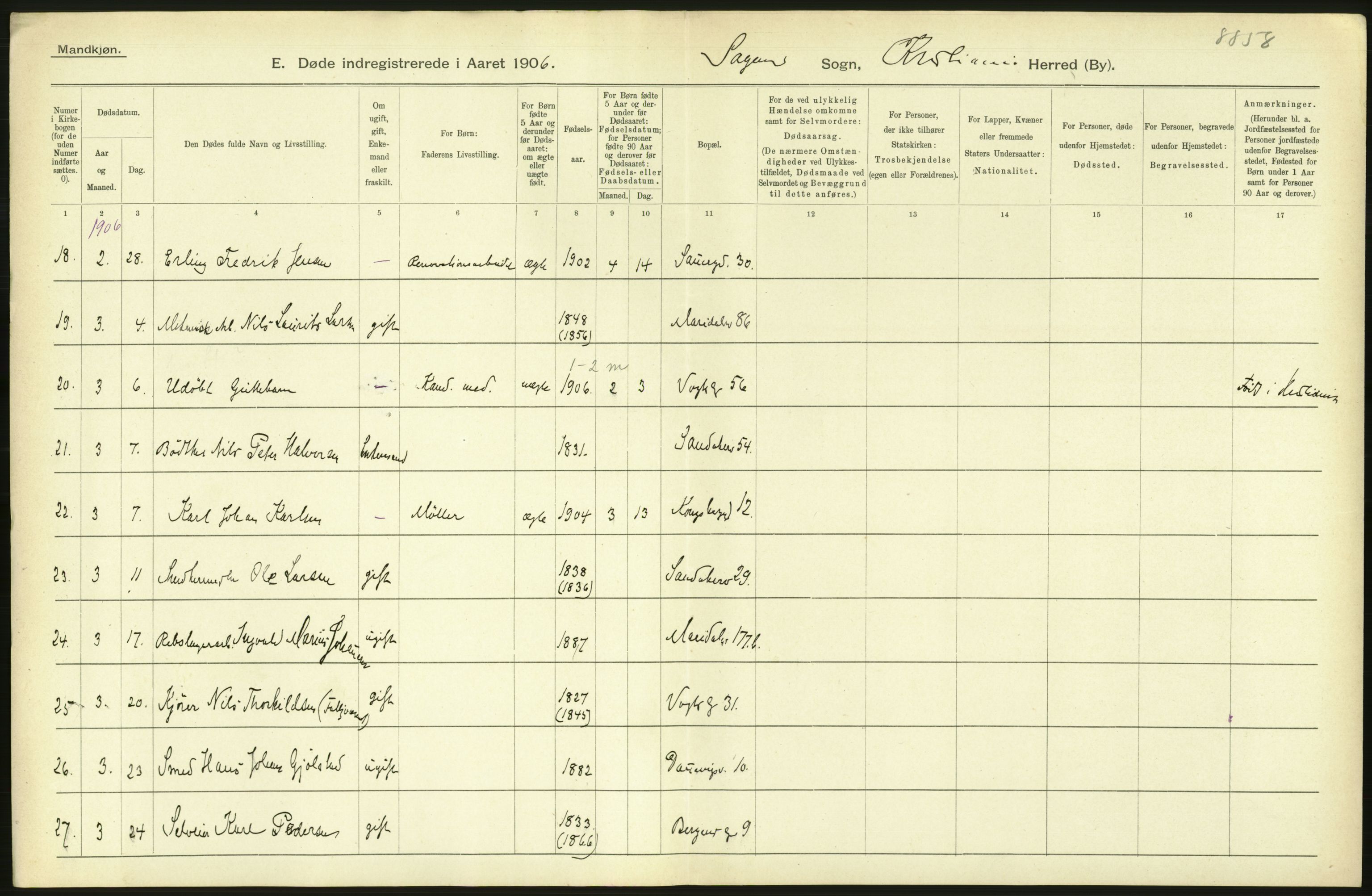 Statistisk sentralbyrå, Sosiodemografiske emner, Befolkning, AV/RA-S-2228/D/Df/Dfa/Dfad/L0010: Kristiania: Døde, dødfødte, 1906, p. 288