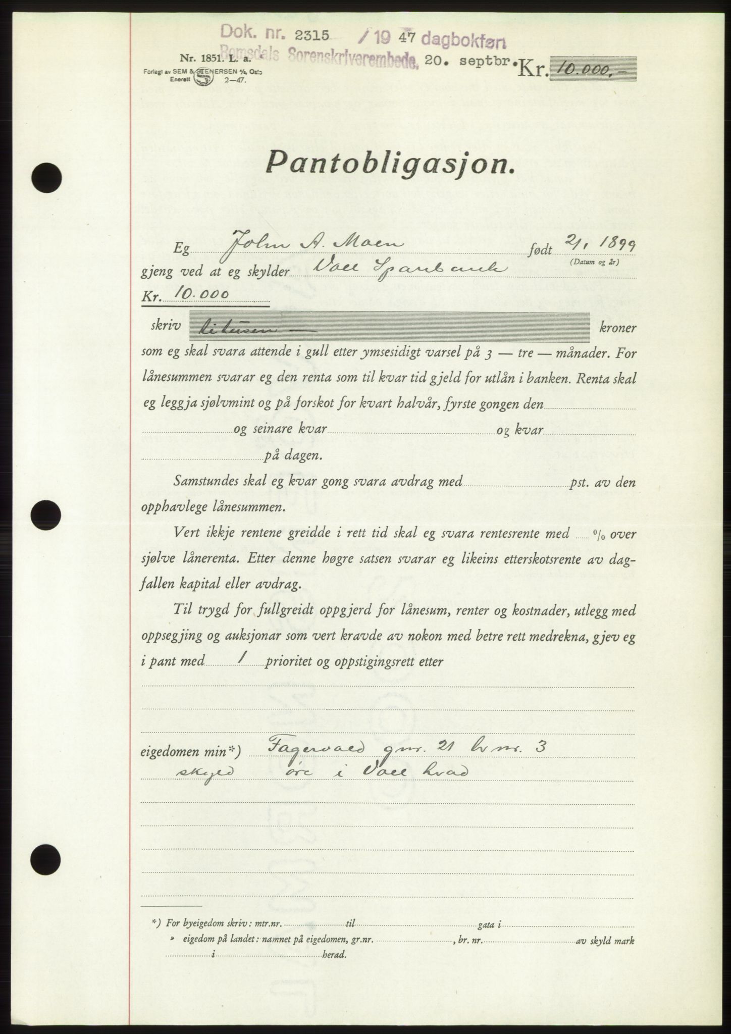 Romsdal sorenskriveri, AV/SAT-A-4149/1/2/2C: Mortgage book no. B3, 1946-1948, Diary no: : 2315/1947