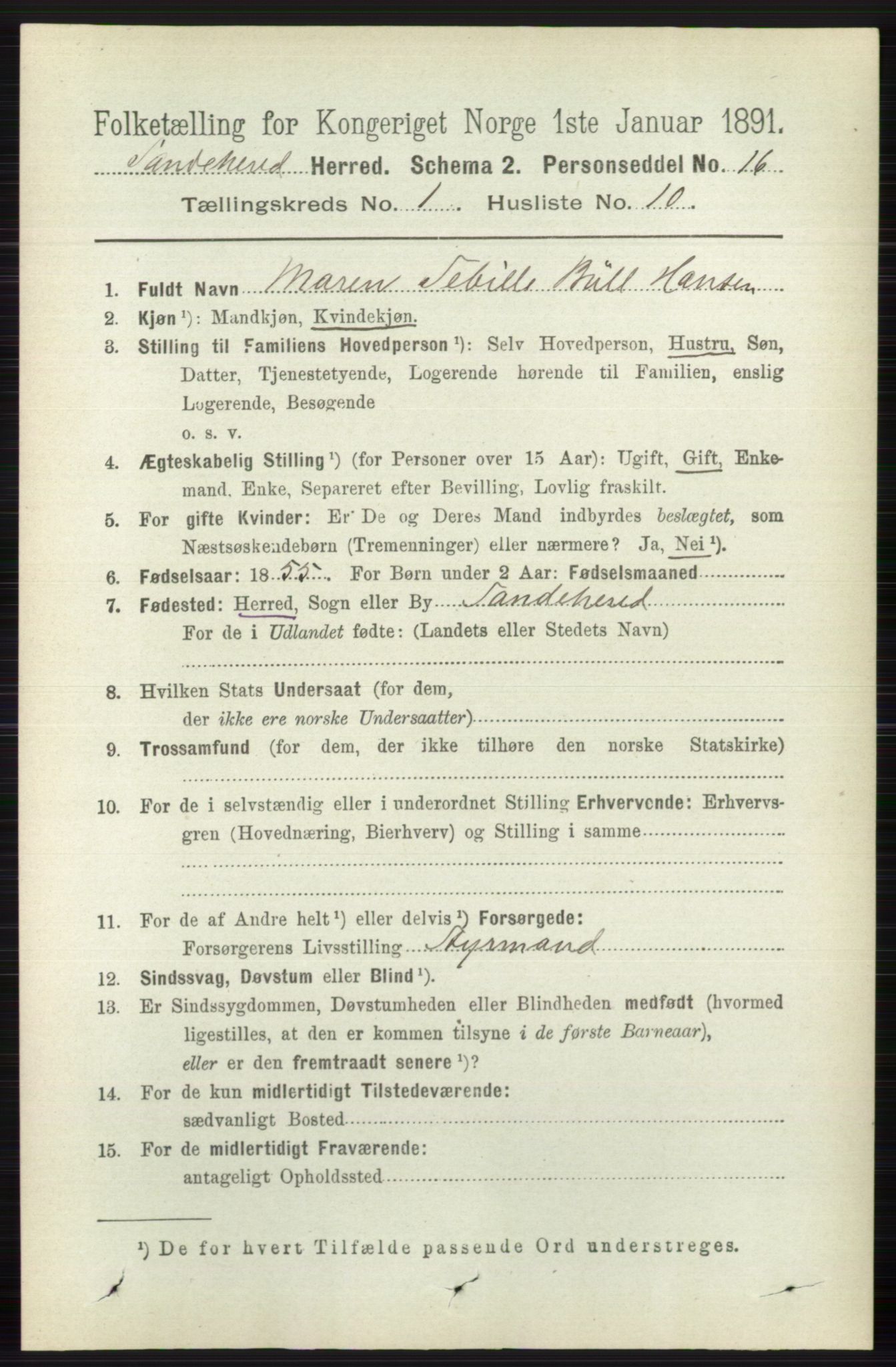RA, 1891 census for 0724 Sandeherred, 1891, p. 250