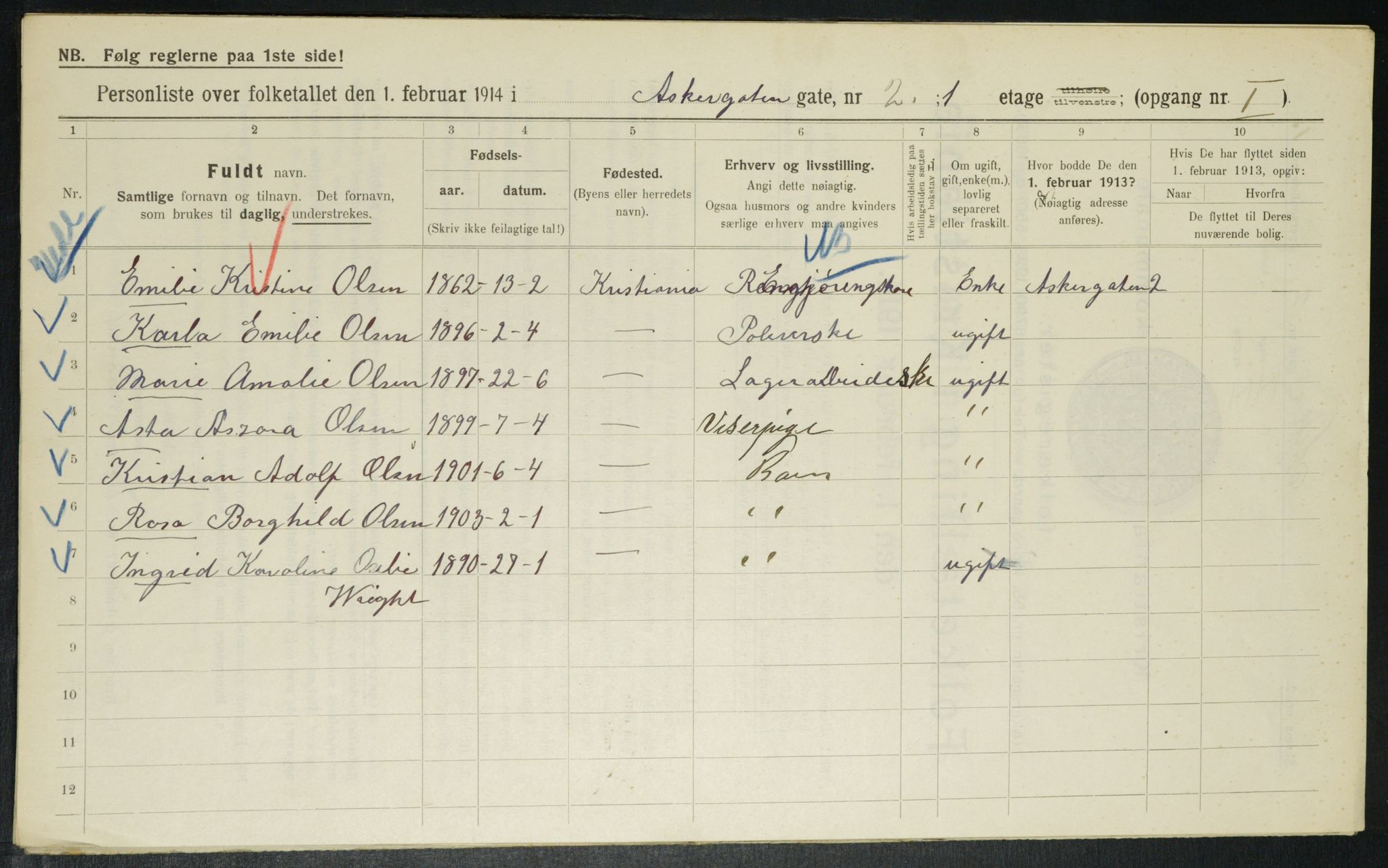 OBA, Municipal Census 1914 for Kristiania, 1914, p. 2518