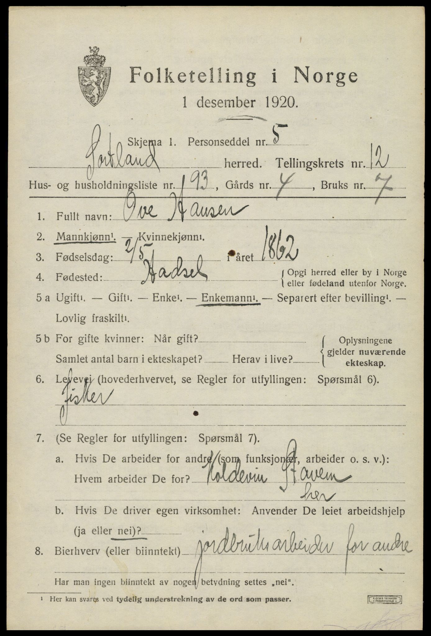 SAT, 1920 census for Sortland, 1920, p. 10244