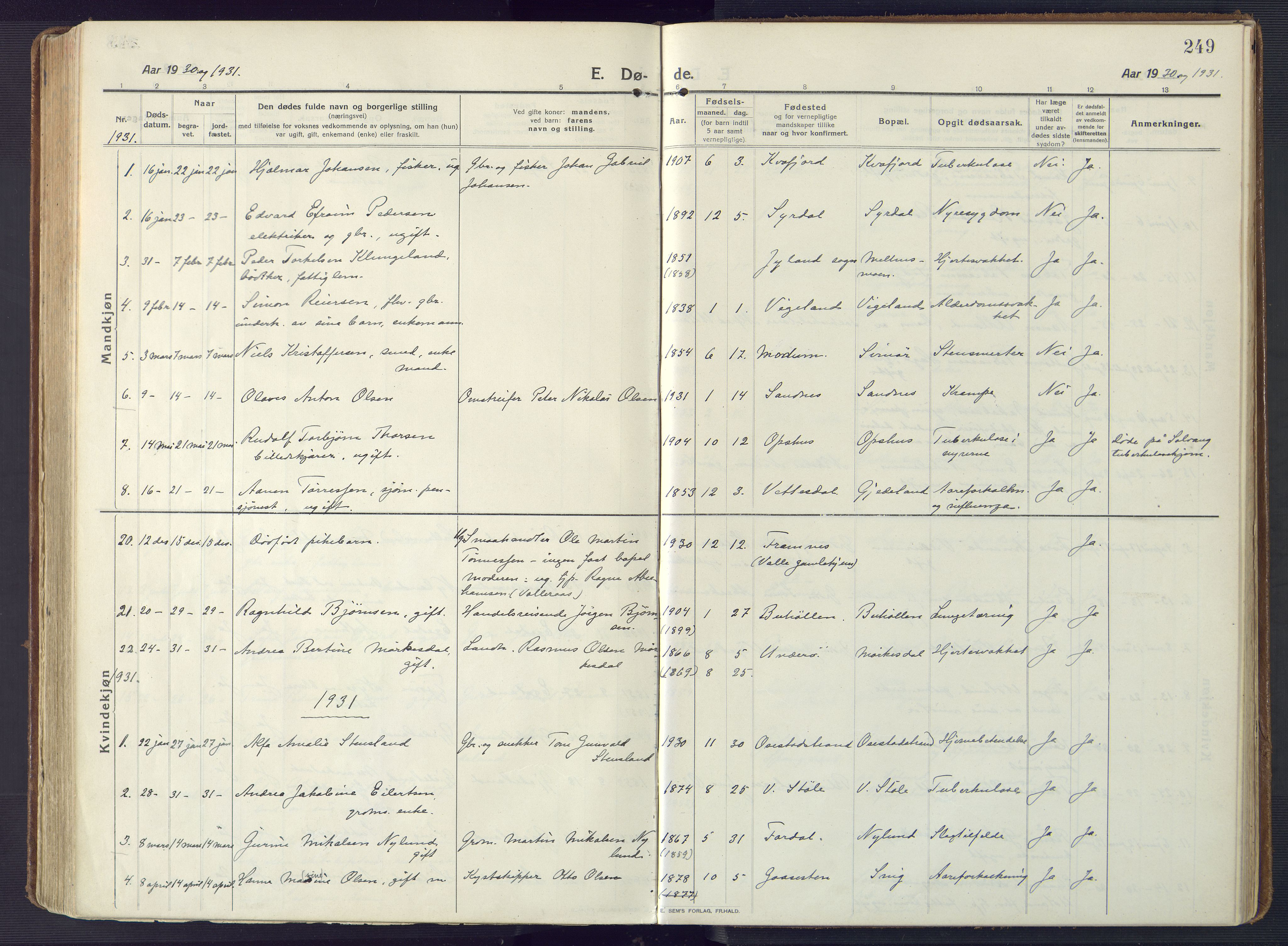 Sør-Audnedal sokneprestkontor, SAK/1111-0039/F/Fa/Fab/L0011: Parish register (official) no. A 11, 1912-1938, p. 249