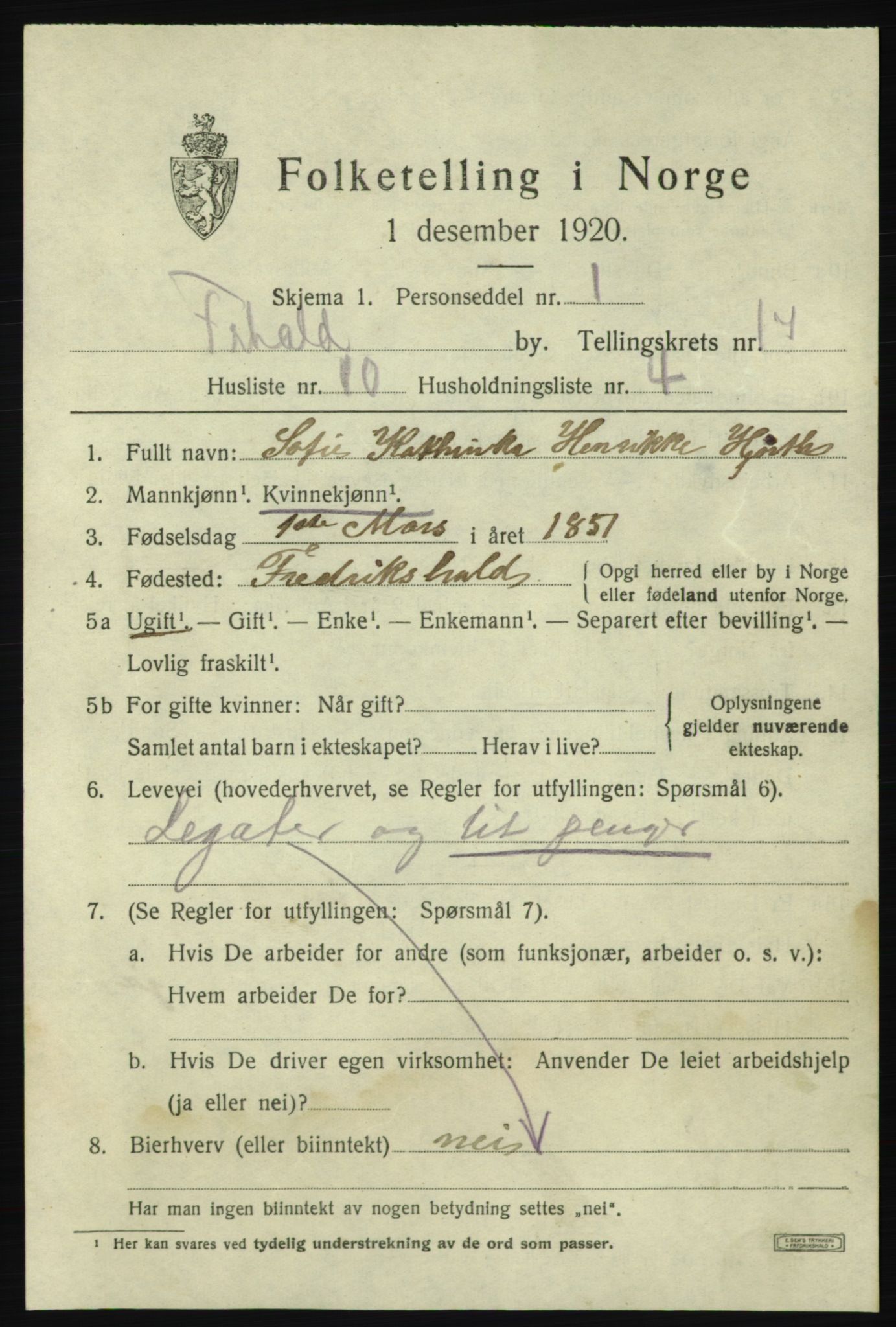 SAO, 1920 census for Fredrikshald, 1920, p. 25944