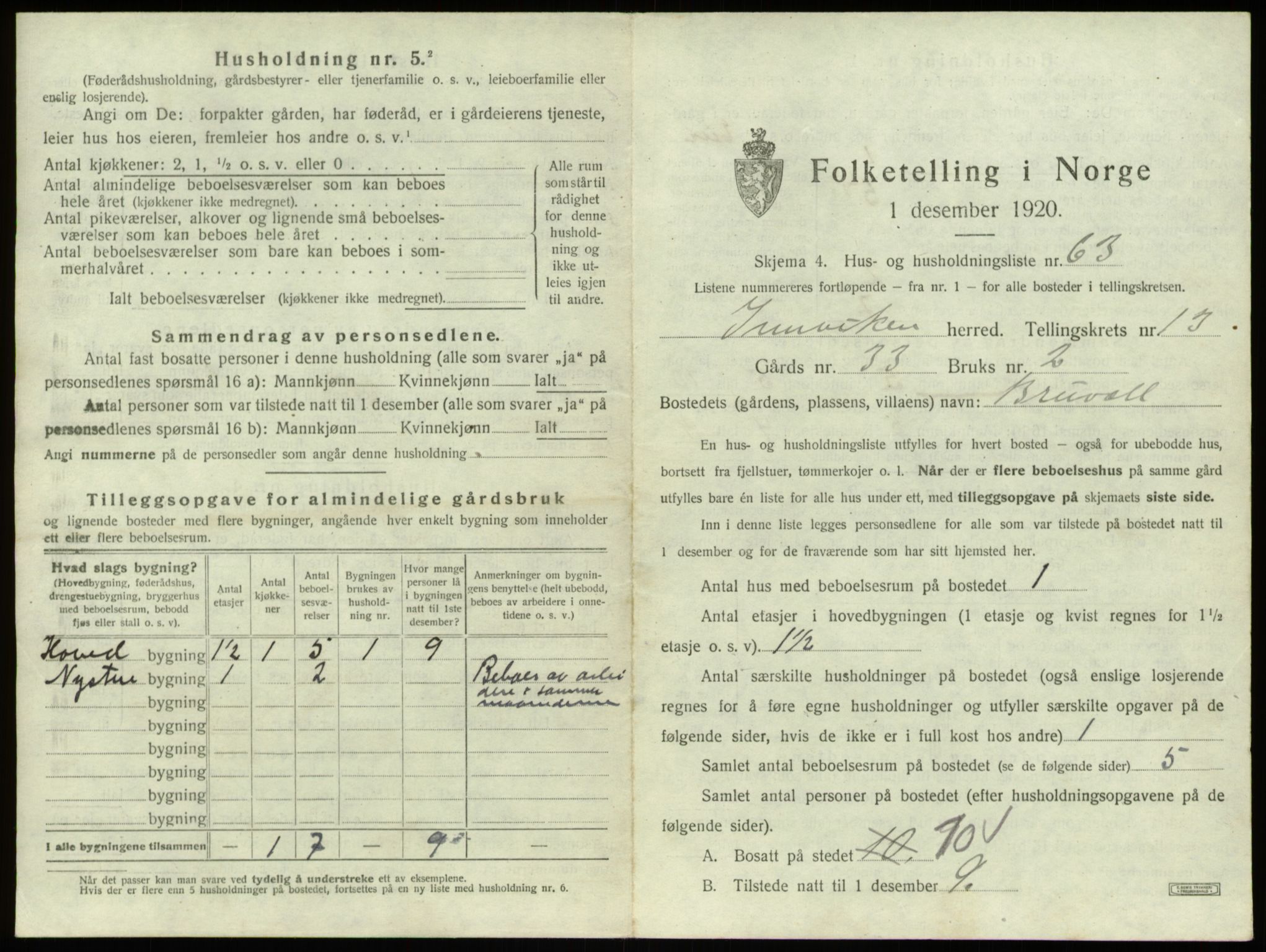 SAB, 1920 census for Innvik, 1920, p. 859