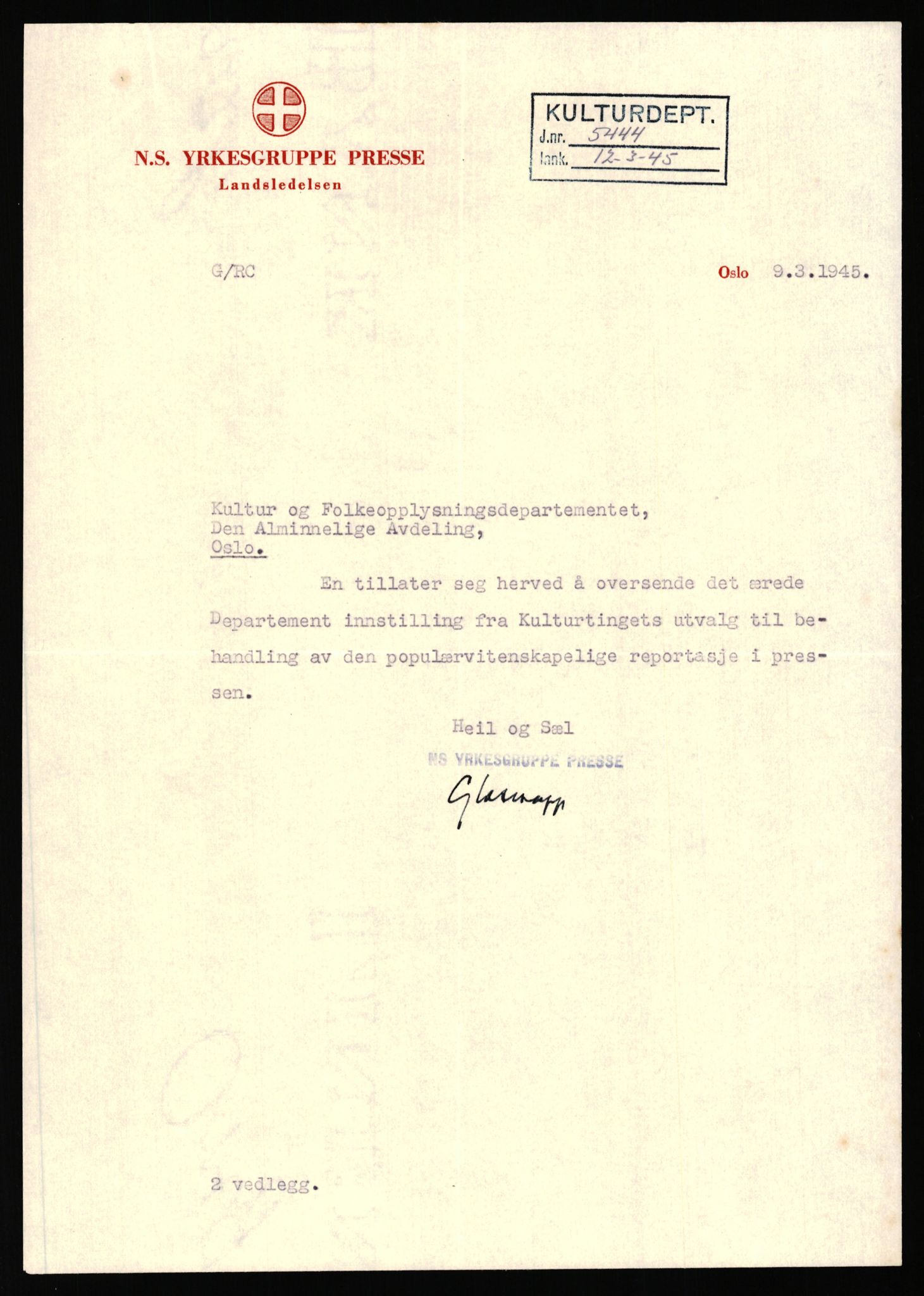 Kultur- og folkeopplysningsdepartementet, Den alminnelige avdeling. 1940-45, AV/RA-S-6010/E/Ea/L0016/0007: Sakarkiv / Kulturtingets møter 1944 i Trondheim, 1943-1945, p. 14