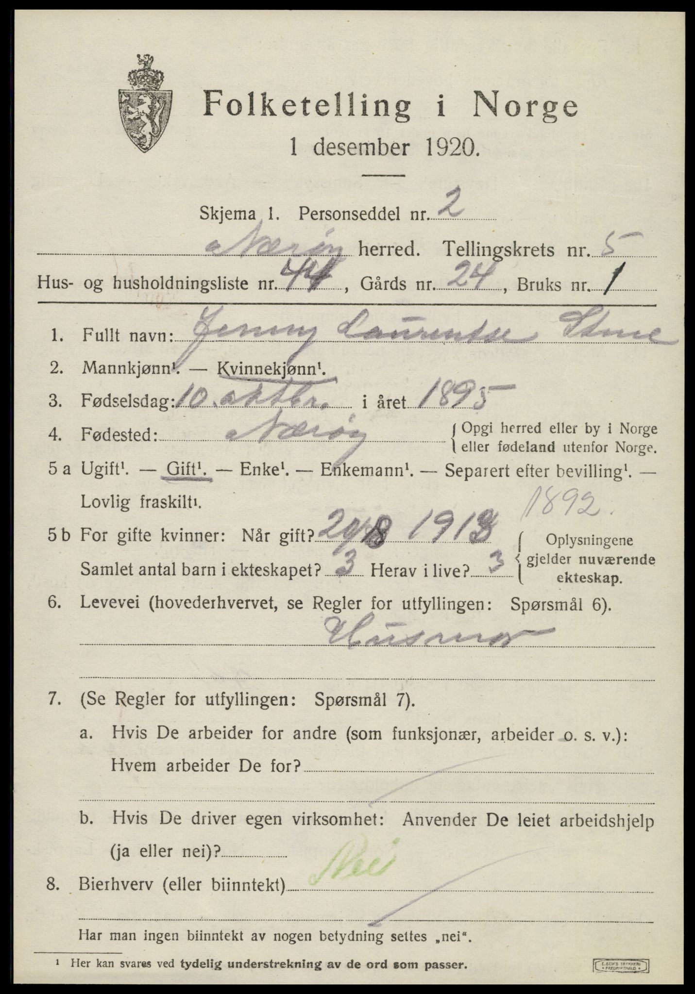 SAT, 1920 census for Nærøy, 1920, p. 2959