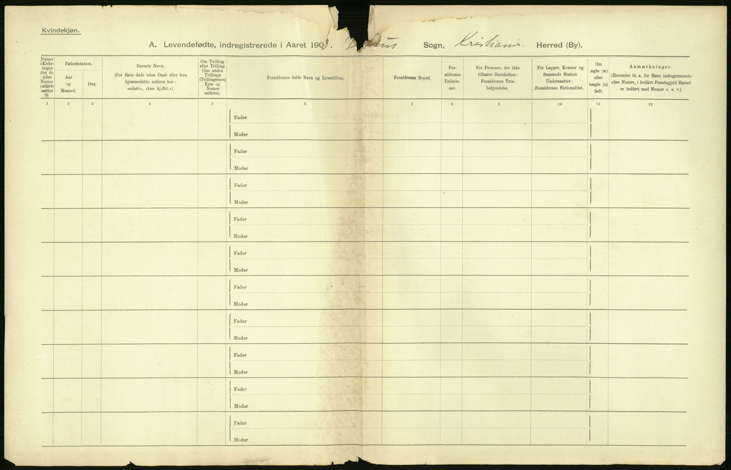 Statistisk sentralbyrå, Sosiodemografiske emner, Befolkning, AV/RA-S-2228/D/Df/Dfa/Dfaa/L0003: Kristiania: Fødte, 1903, p. 2