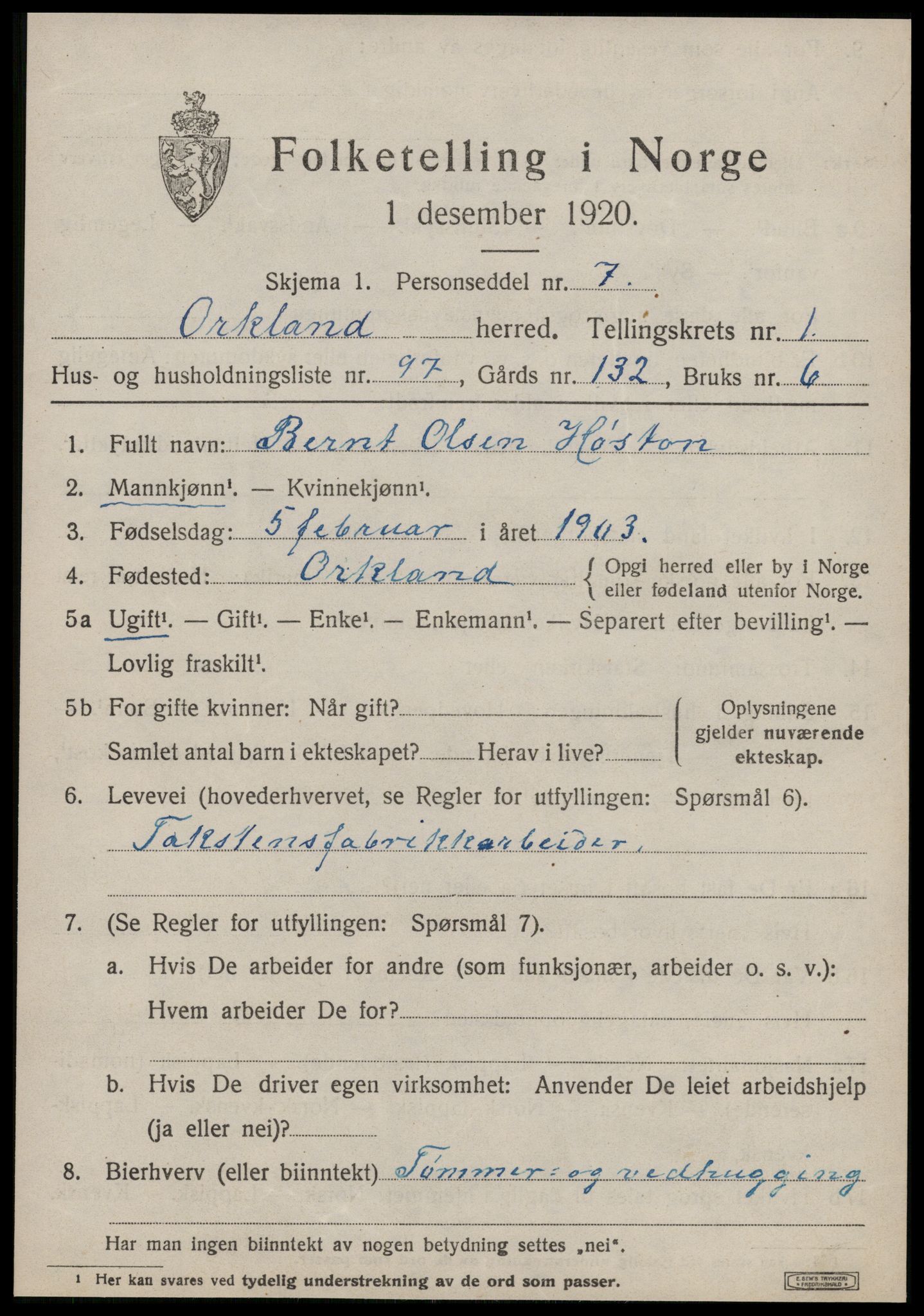 SAT, 1920 census for Orkland, 1920, p. 1666