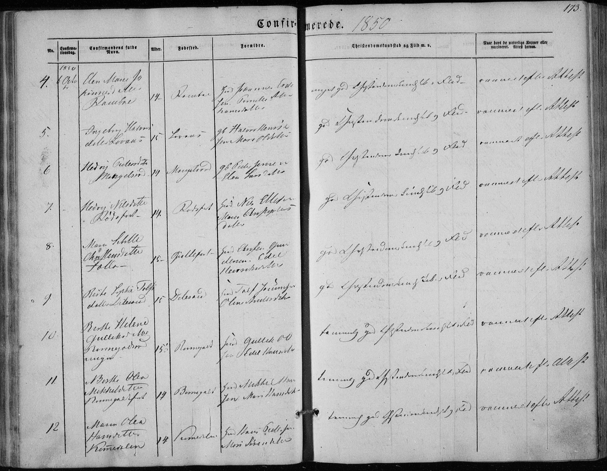 Hedrum kirkebøker, AV/SAKO-A-344/F/Fa/L0006: Parish register (official) no. I 6, 1849-1857, p. 173