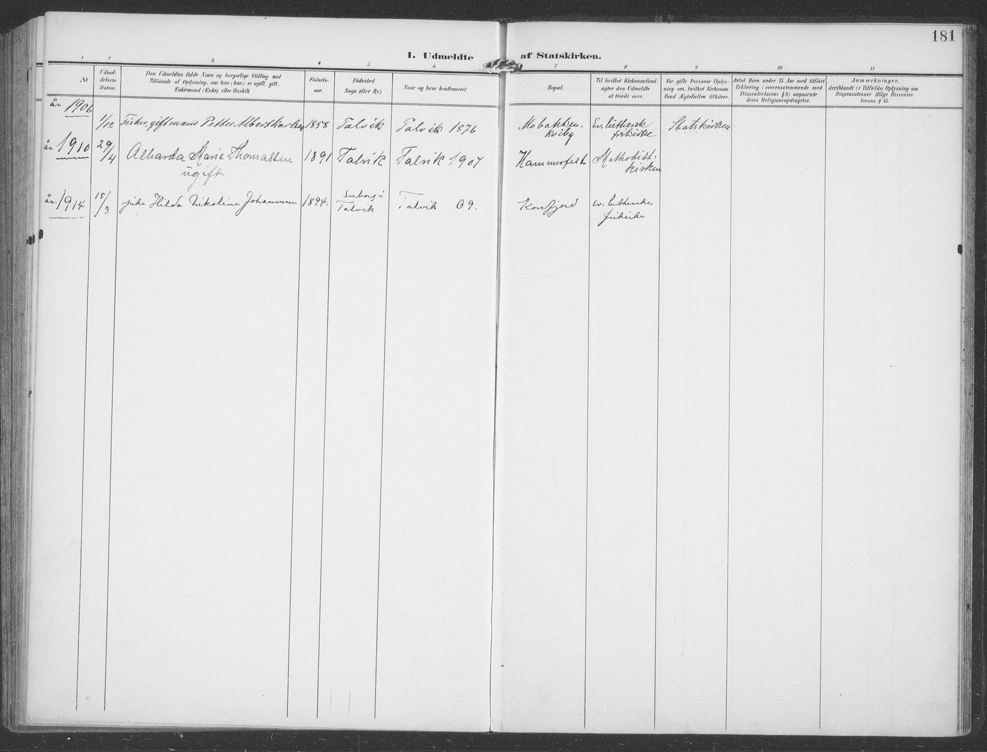 Talvik sokneprestkontor, AV/SATØ-S-1337/H/Ha/L0017kirke: Parish register (official) no. 17, 1906-1915, p. 181