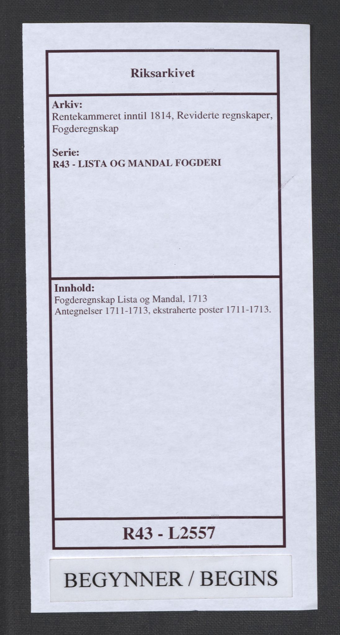 Rentekammeret inntil 1814, Reviderte regnskaper, Fogderegnskap, AV/RA-EA-4092/R43/L2557: Fogderegnskap Lista og Mandal, 1711-1713, p. 1