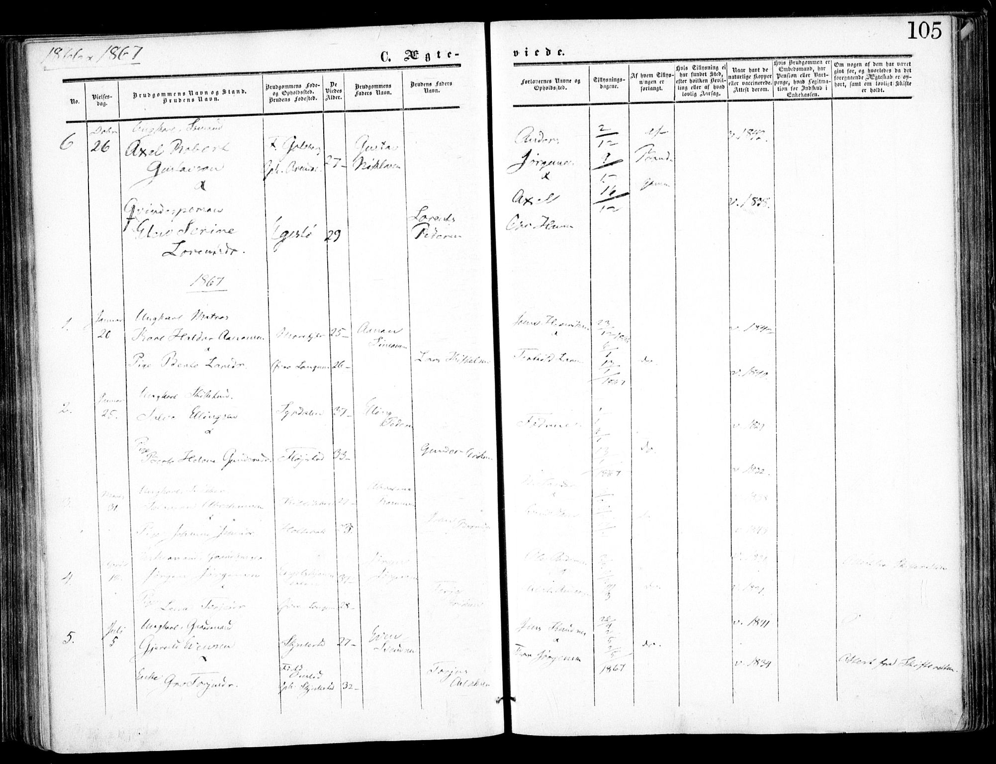 Austre Moland sokneprestkontor, AV/SAK-1111-0001/F/Fa/Faa/L0008: Parish register (official) no. A 8, 1858-1868, p. 105