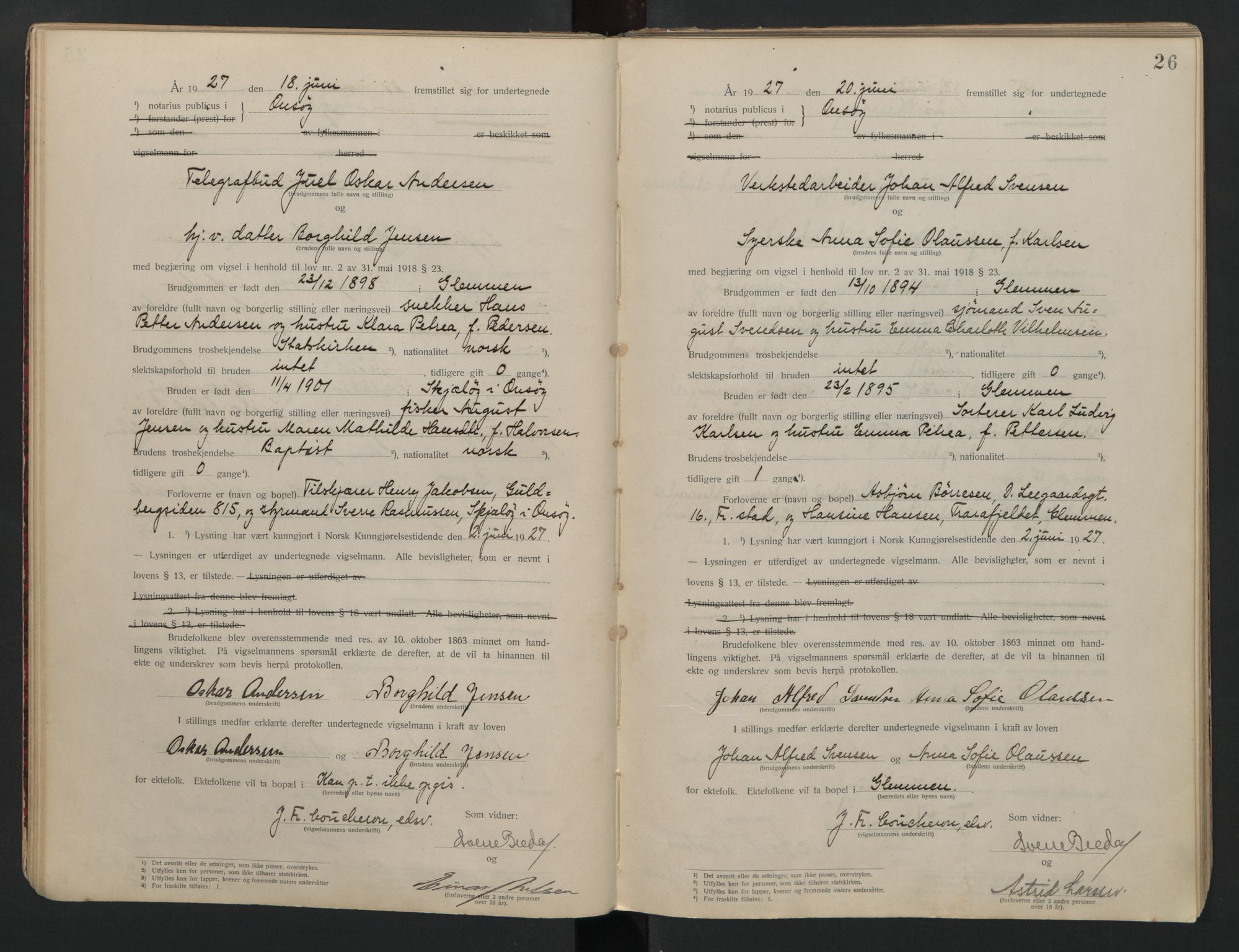 Onsøy sorenskriveri, AV/SAO-A-10474/L/La/L0001: Vigselsbok, 1920-1942, p. 26