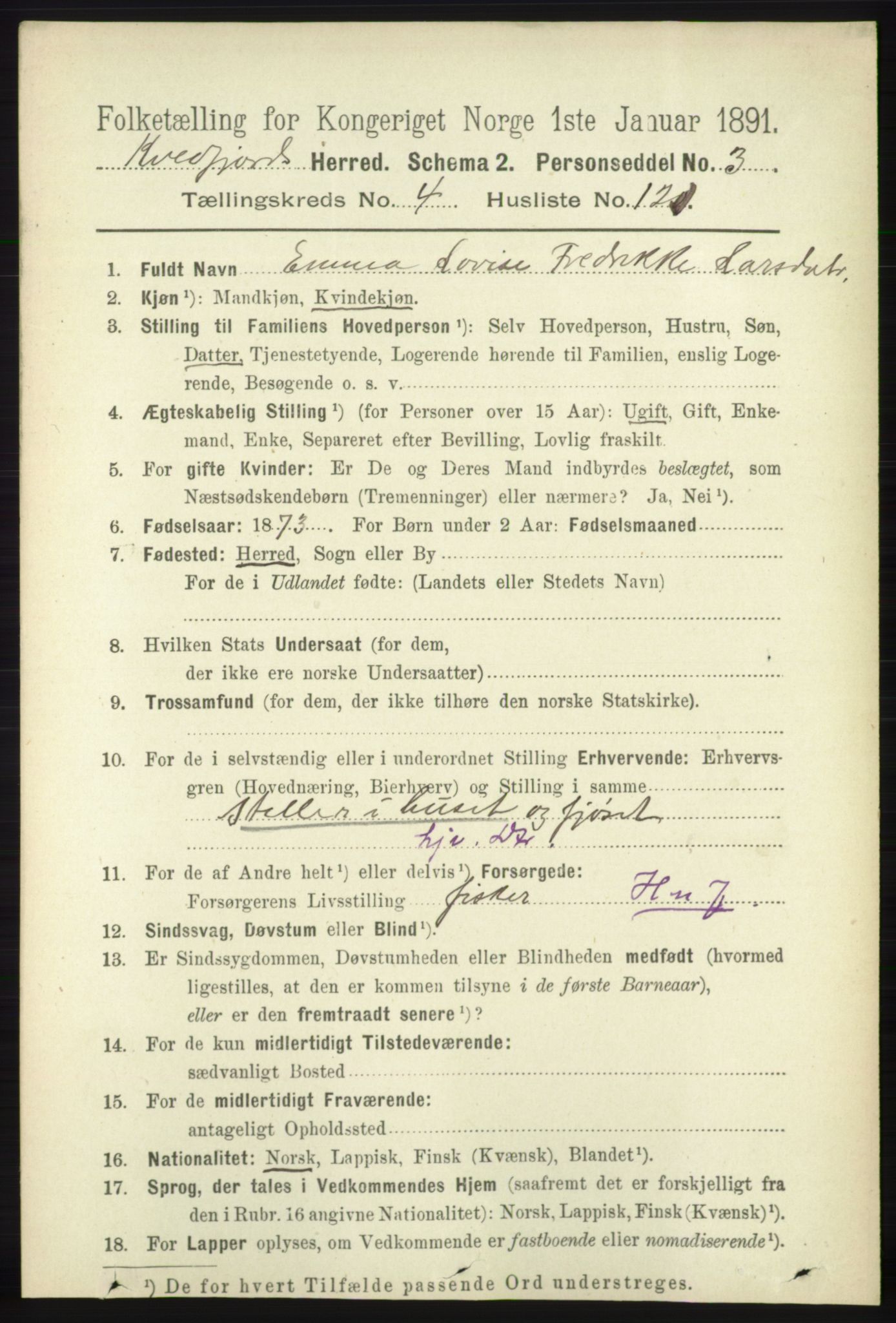 RA, 1891 census for 1911 Kvæfjord, 1891, p. 2663