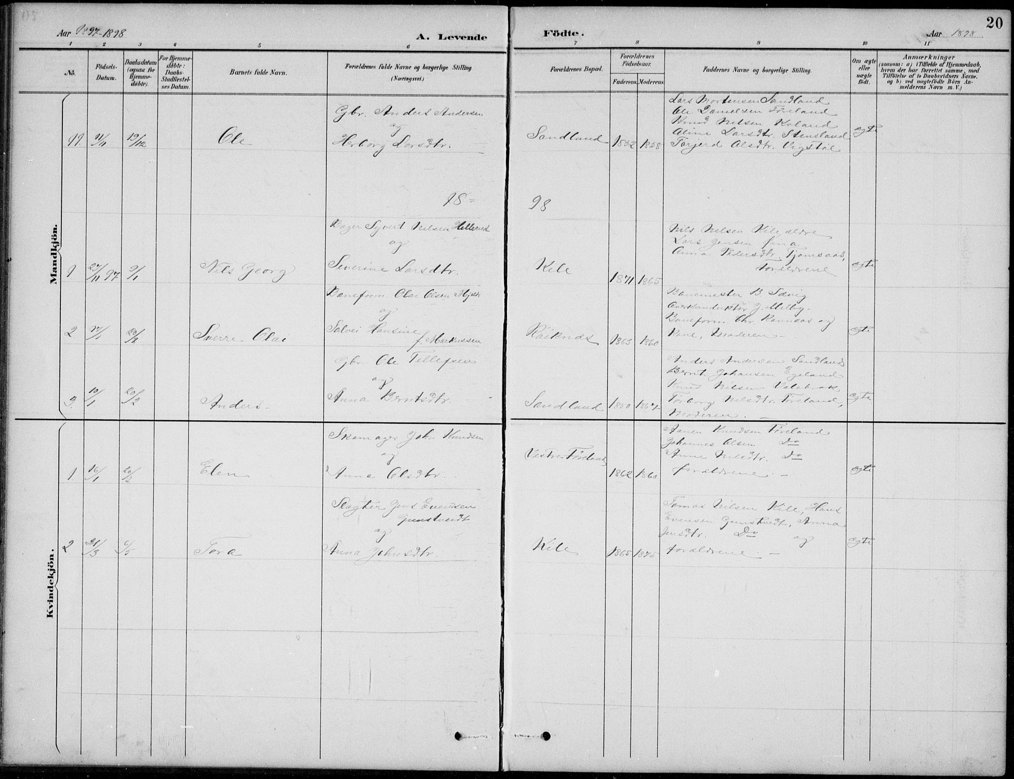 Vennesla sokneprestkontor, AV/SAK-1111-0045/Fb/Fba/L0003: Parish register (copy) no. B 3, 1890-1919, p. 20