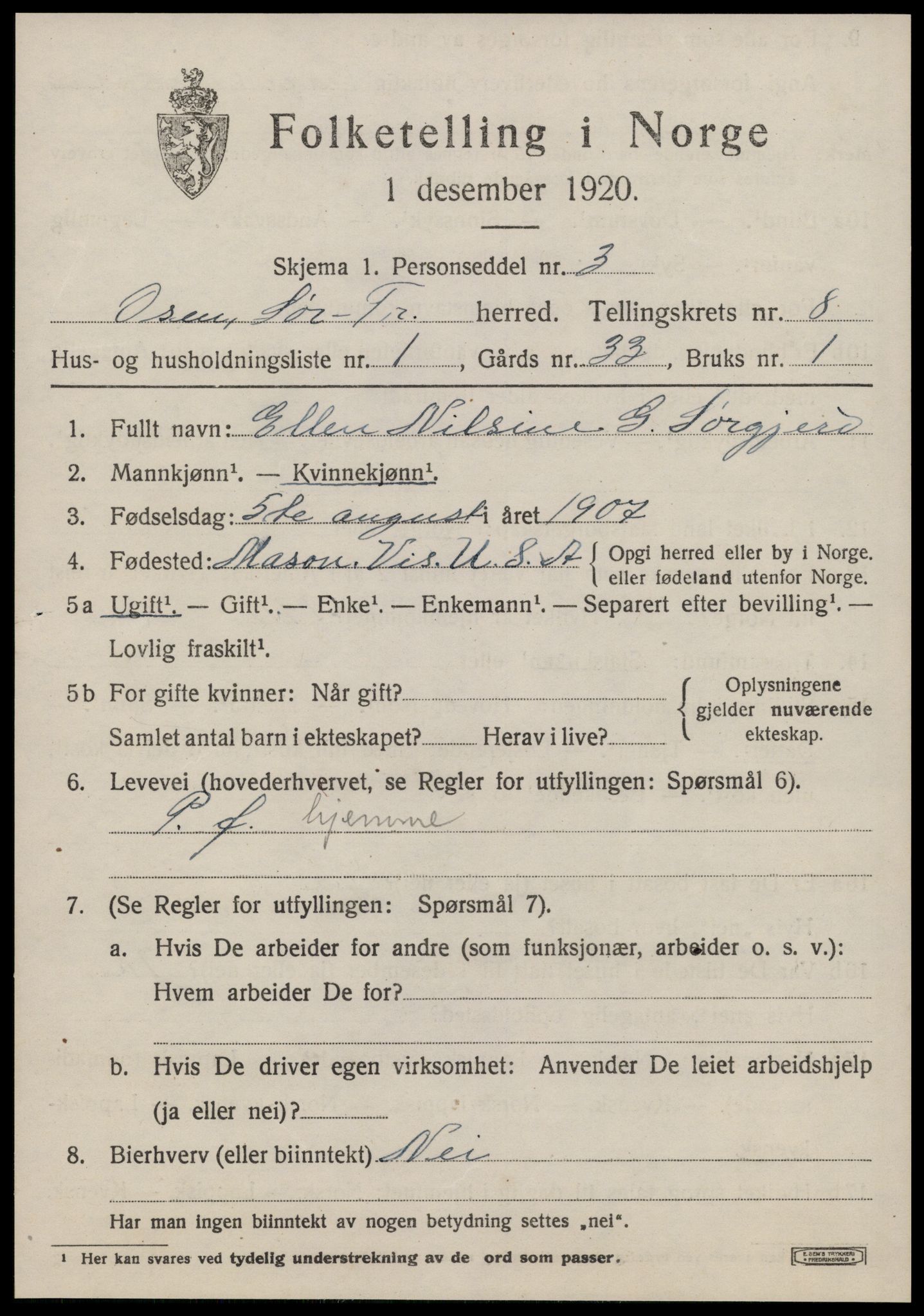 SAT, 1920 census for Osen, 1920, p. 3655