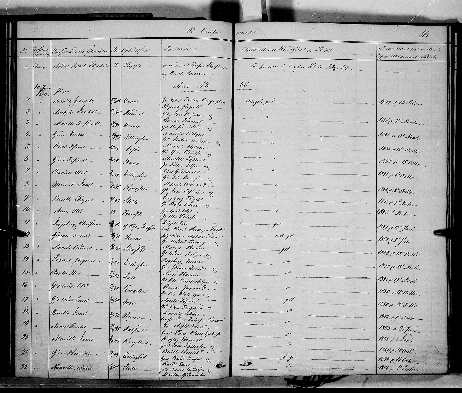 Vang prestekontor, Valdres, SAH/PREST-140/H/Ha/L0006: Parish register (official) no. 6, 1846-1864, p. 114
