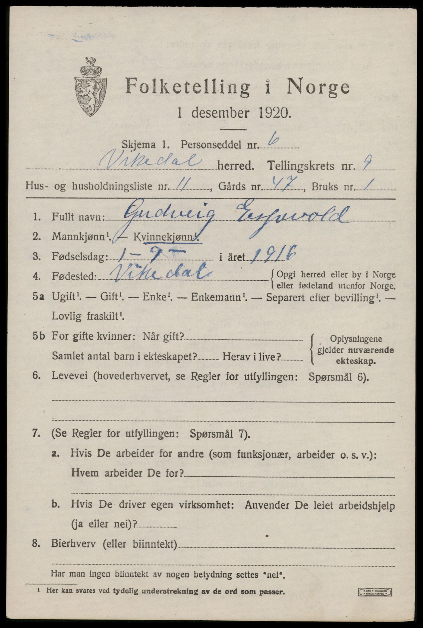 SAST, 1920 census for Vikedal, 1920, p. 3031