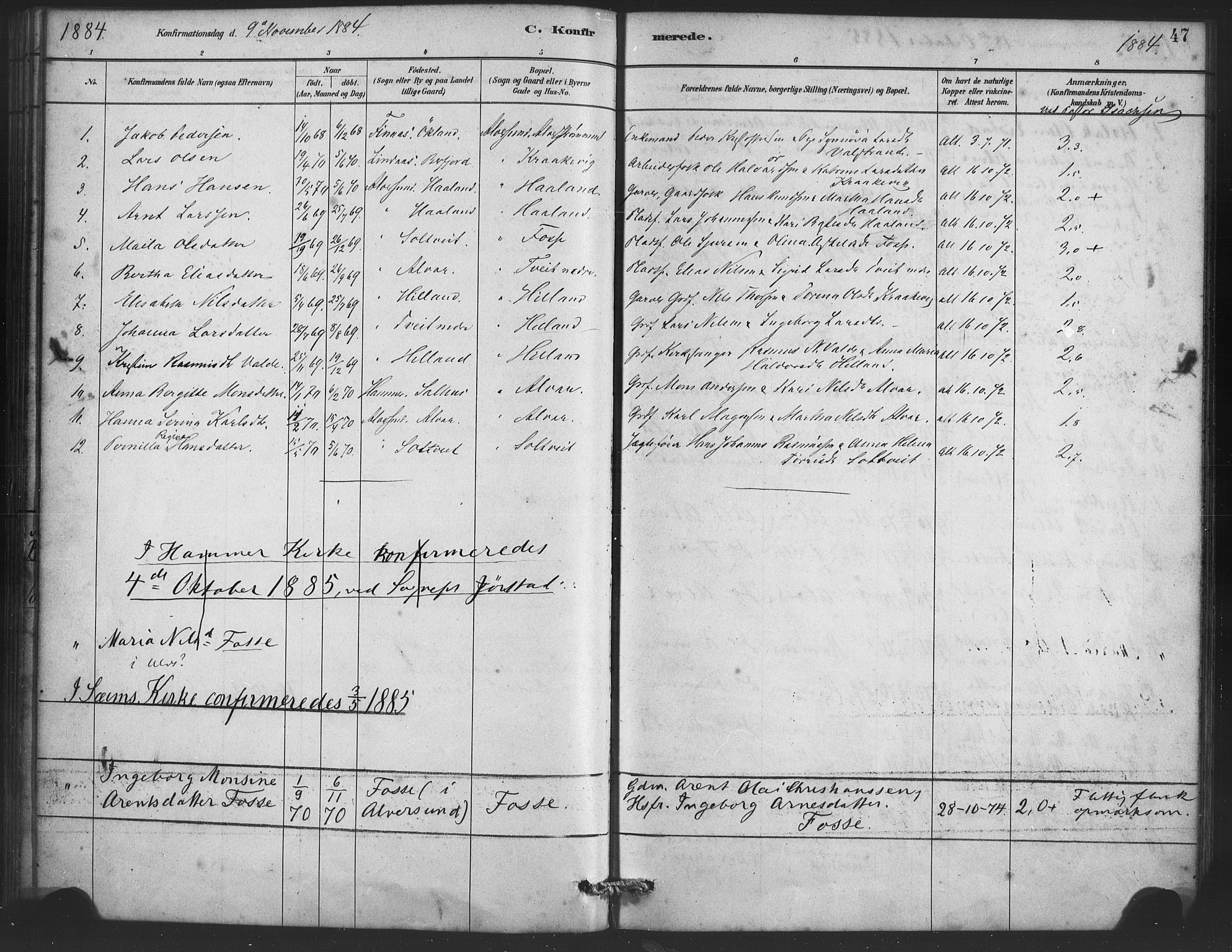 Alversund Sokneprestembete, SAB/A-73901/H/Ha/Haa/Haaa/L0001: Parish register (official) no. A 1, 1882-1896, p. 47