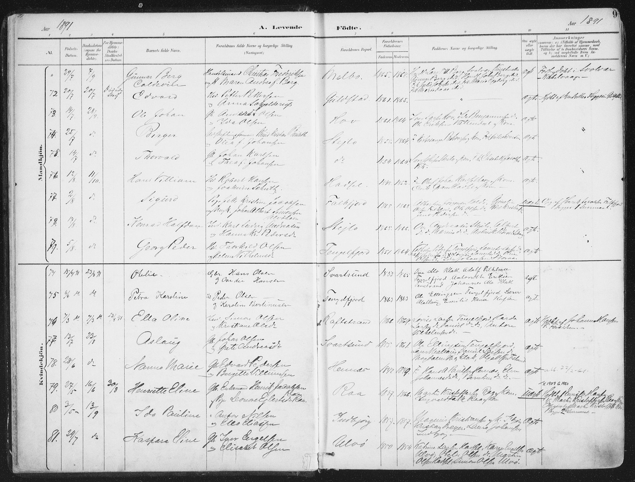 Ministerialprotokoller, klokkerbøker og fødselsregistre - Nordland, AV/SAT-A-1459/888/L1246: Parish register (official) no. 888A12, 1891-1903, p. 9