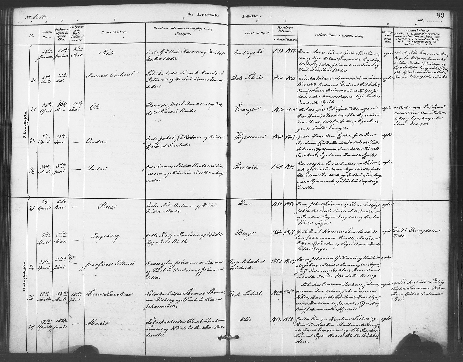 Evanger sokneprestembete, AV/SAB-A-99924: Parish register (copy) no. A 4, 1887-1897, p. 89