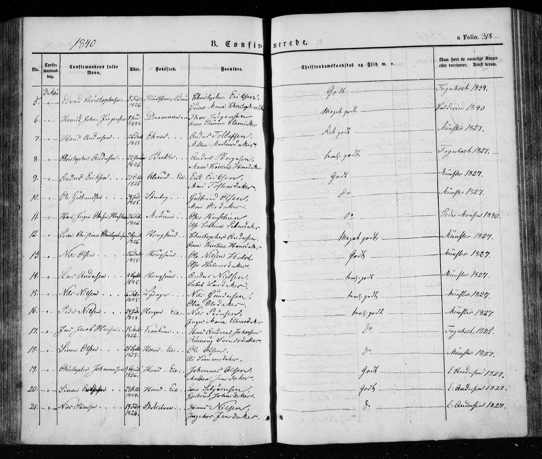 Eiker kirkebøker, AV/SAKO-A-4/F/Fa/L0013a: Parish register (official) no. I 13A, 1832-1845, p. 318