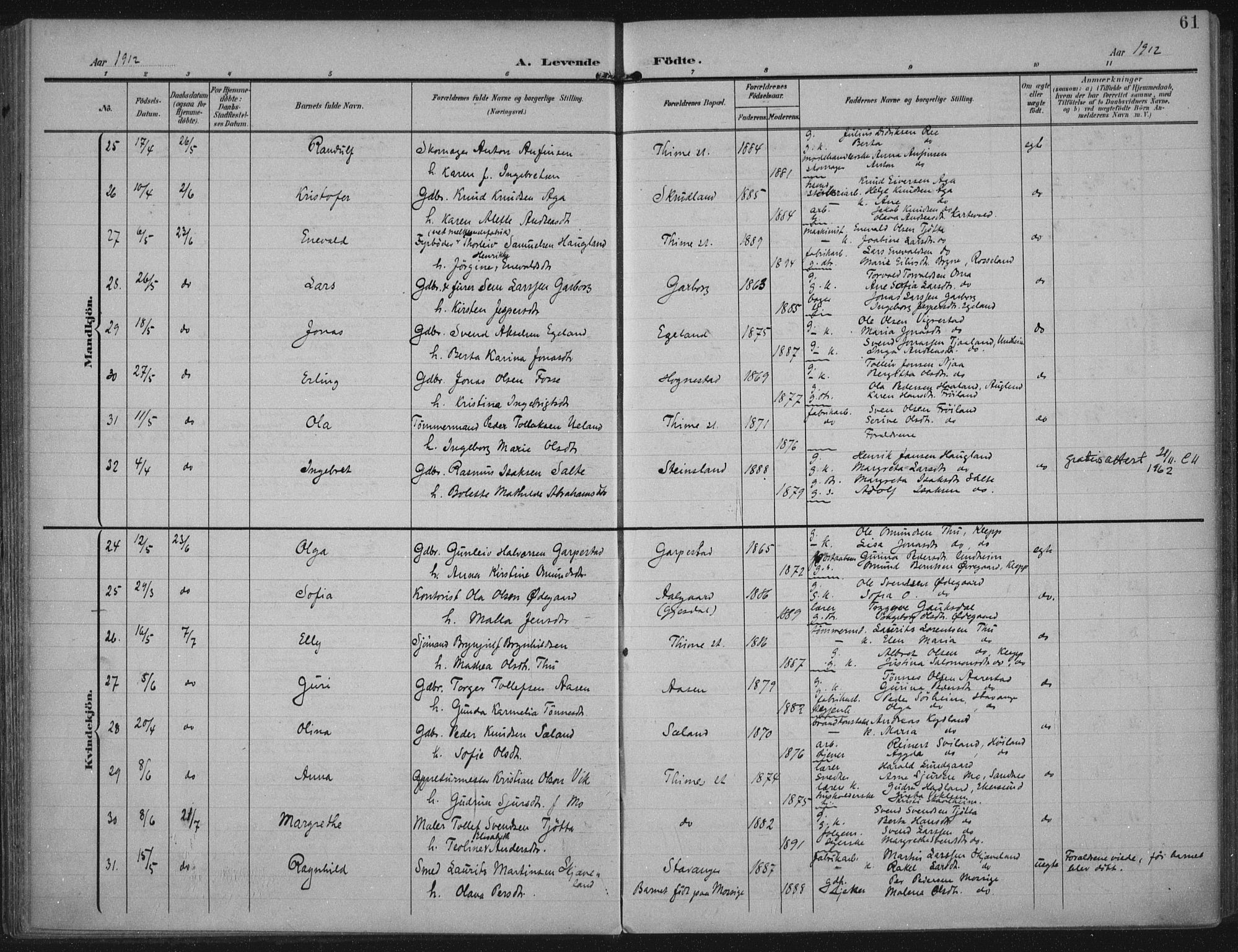 Lye sokneprestkontor, AV/SAST-A-101794/002/A/L0001: Parish register (official) no. A 12, 1904-1920, p. 61