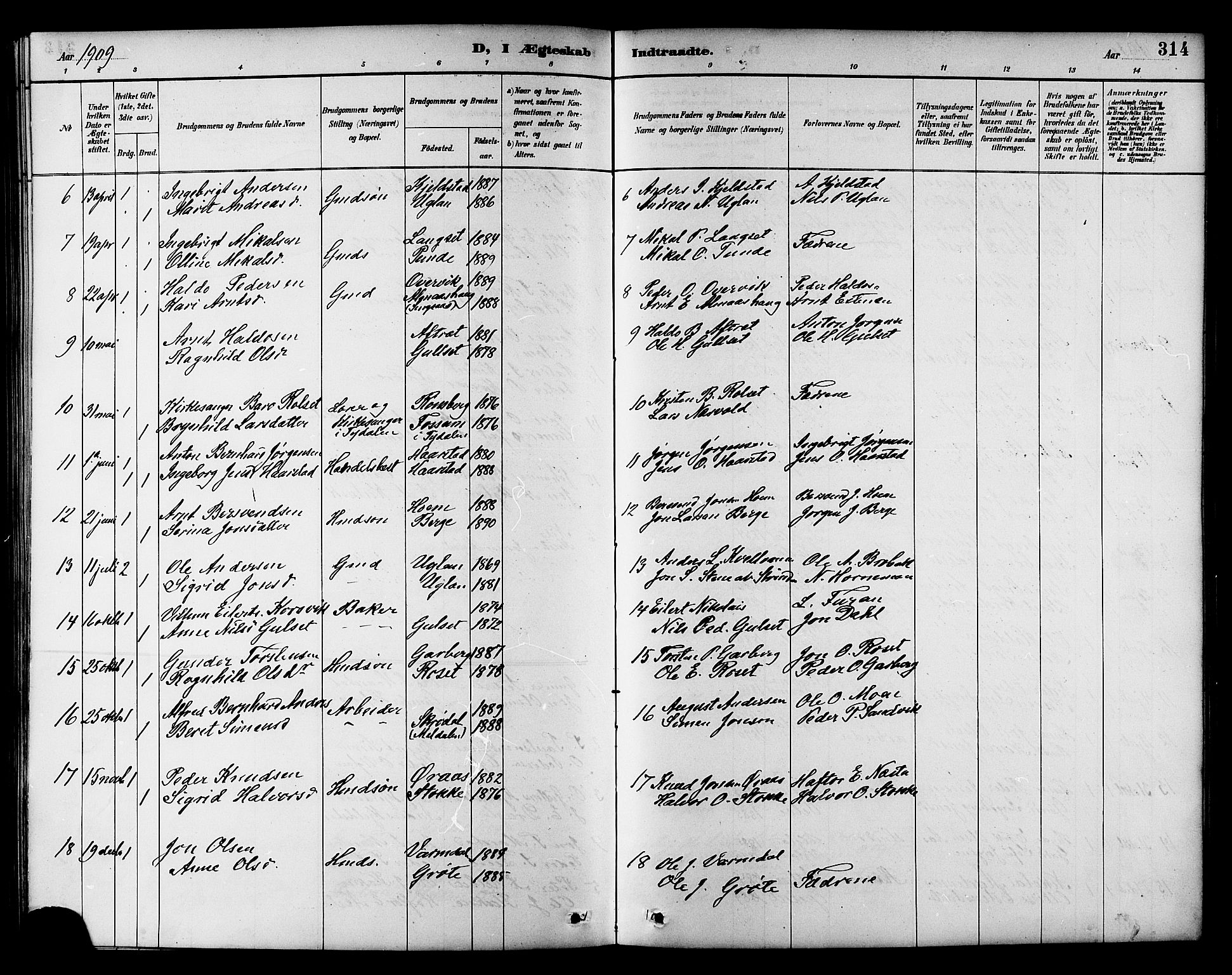 Ministerialprotokoller, klokkerbøker og fødselsregistre - Sør-Trøndelag, SAT/A-1456/695/L1157: Parish register (copy) no. 695C08, 1889-1913, p. 314