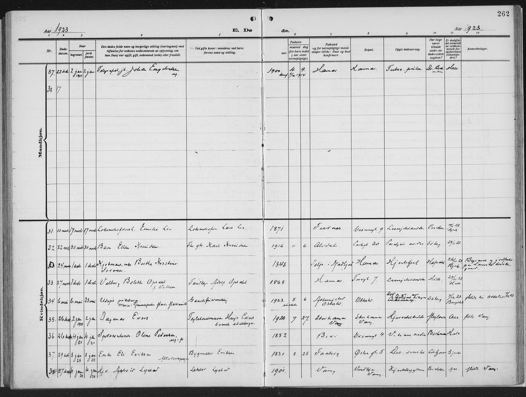 Hamar prestekontor, AV/SAH-DOMPH-002/H/Ha/Haa/L0002: Parish register (official) no. 2, 1915-1936, p. 262