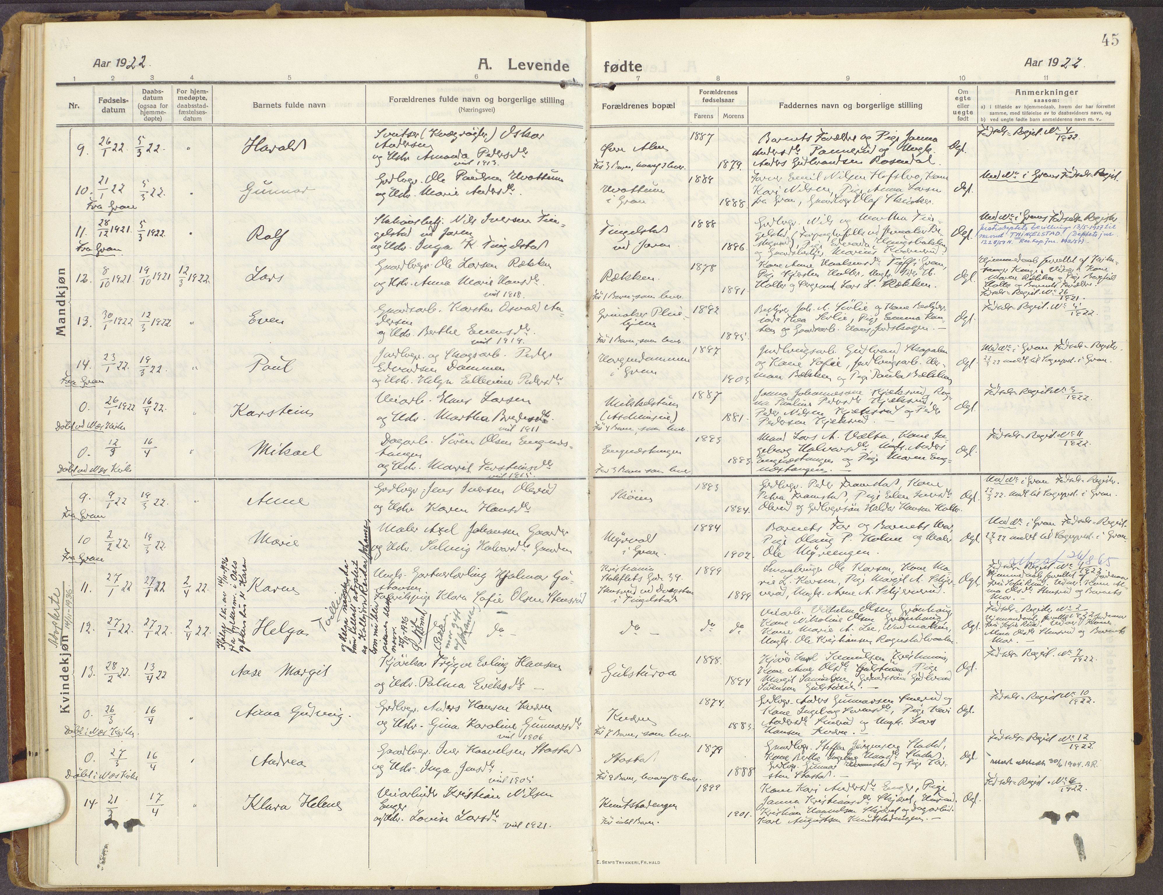 Brandbu prestekontor, SAH/PREST-114/H/Ha/Haa/L0003: Parish register (official) no. 3, 1914-1928, p. 45