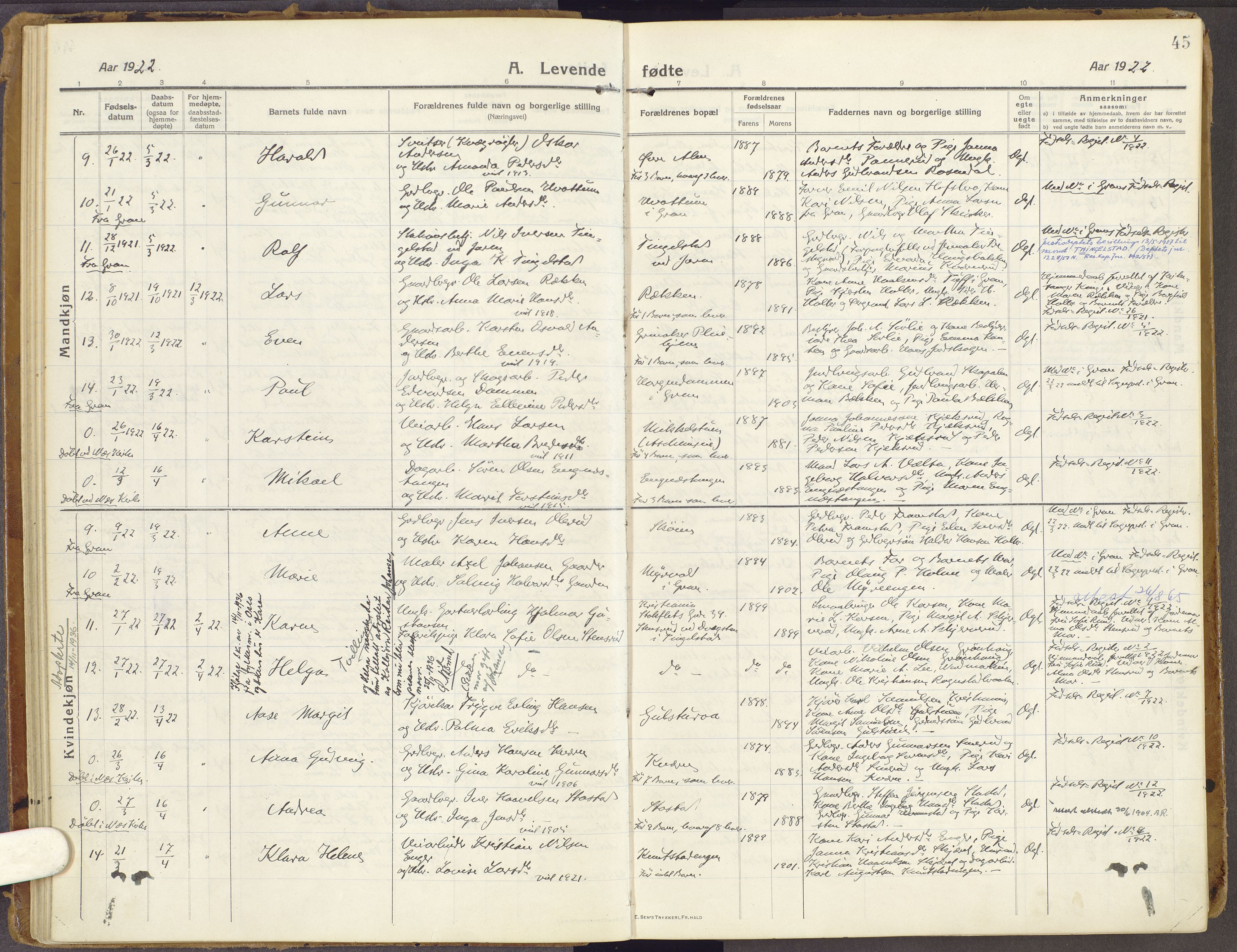 Brandbu prestekontor, AV/SAH-PREST-114/H/Ha/Haa/L0003: Parish register (official) no. 3, 1914-1928, p. 45