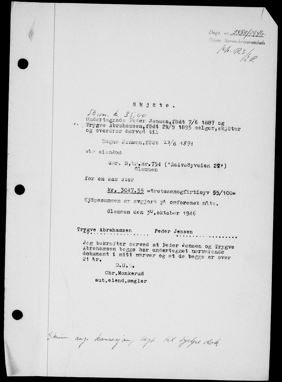 Onsøy sorenskriveri, SAO/A-10474/G/Ga/Gab/L0018: Mortgage book no. II A-18, 1946-1947, Diary no: : 2885/1946