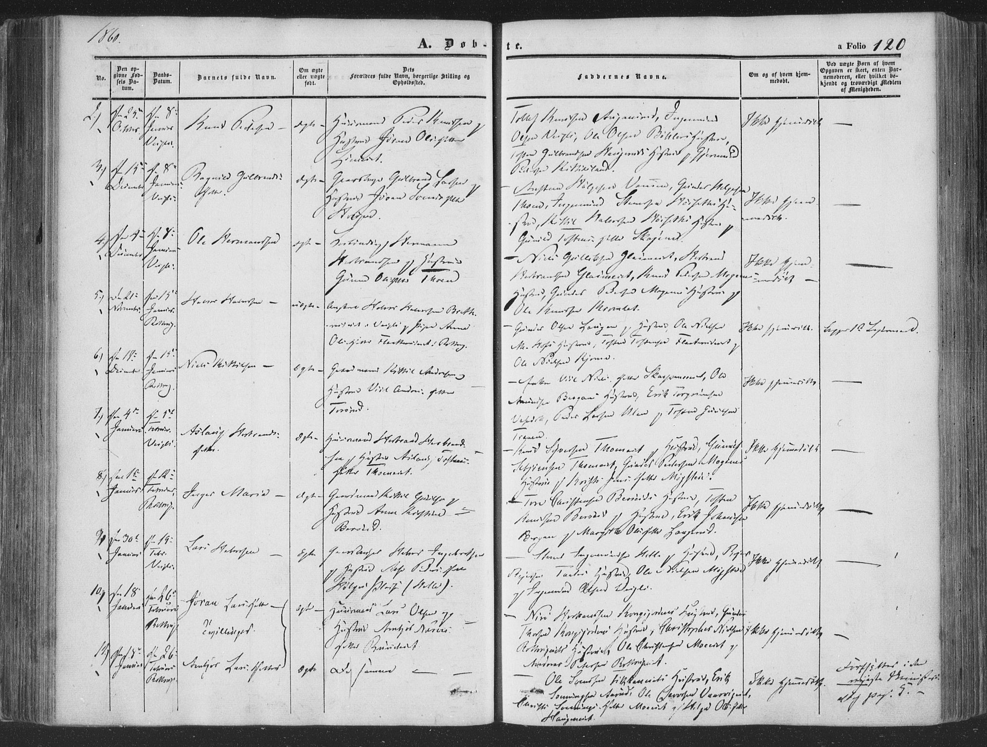 Rollag kirkebøker, AV/SAKO-A-240/F/Fa/L0008: Parish register (official) no. I 8, 1847-1860, p. 120