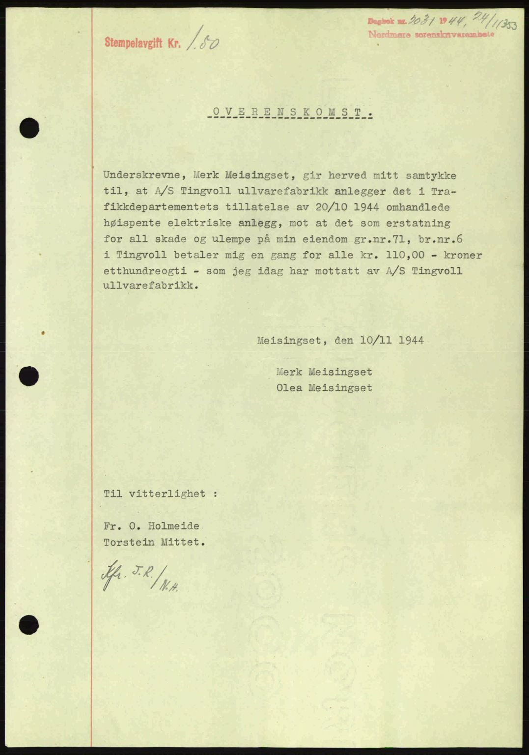 Nordmøre sorenskriveri, AV/SAT-A-4132/1/2/2Ca: Mortgage book no. B92, 1944-1945, Diary no: : 2031/1944