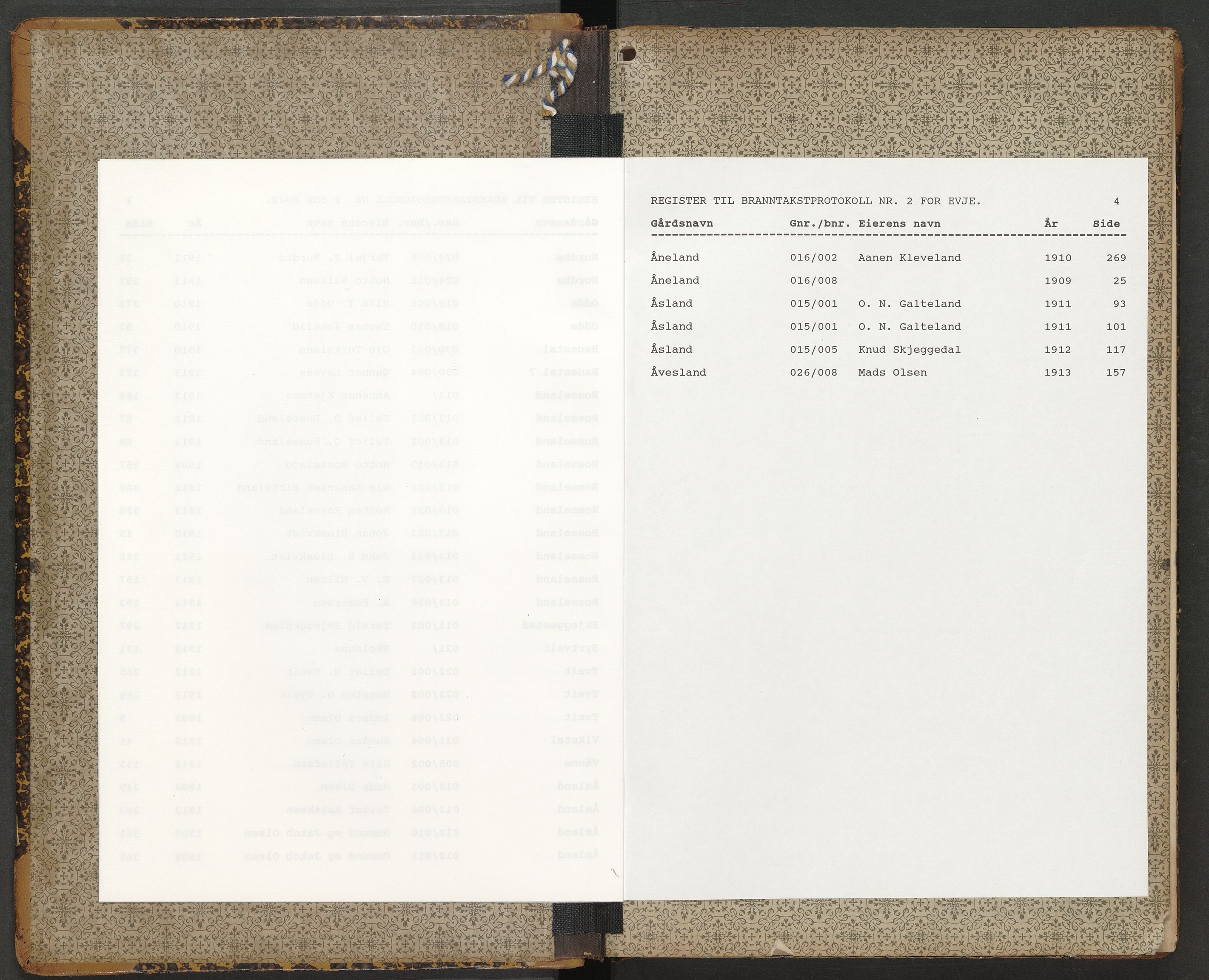 Norges Brannkasse Evje, AV/SAK-2241-0010/F/Fa/L0002: Branntakstprotokoll nr. 2 med gårdsnavnregister, 1906-1912