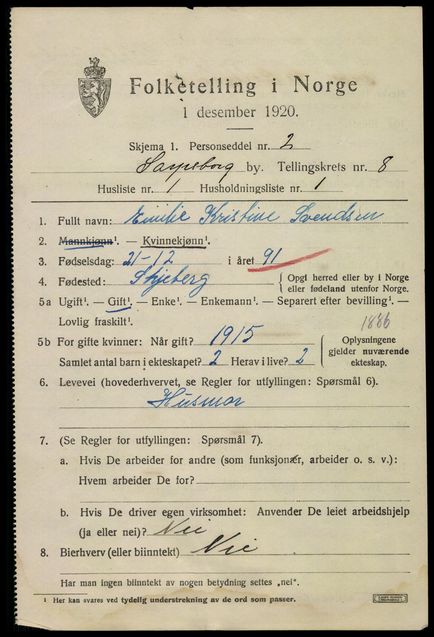 SAO, 1920 census for Sarpsborg, 1920, p. 17296