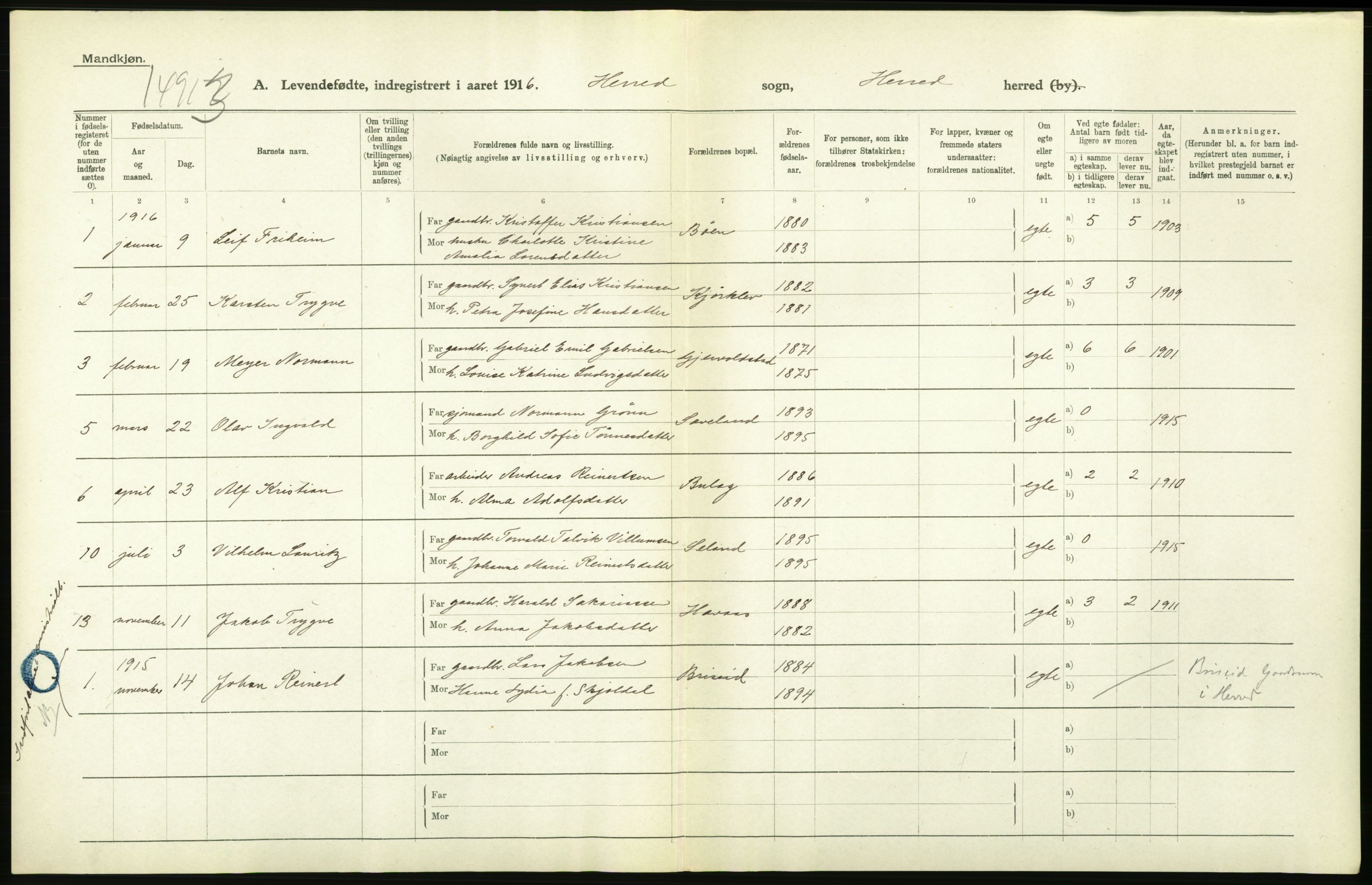 Statistisk sentralbyrå, Sosiodemografiske emner, Befolkning, AV/RA-S-2228/D/Df/Dfb/Dfbf/L0027: Lister og Mandals amt: Levendefødte menn og kvinner. Bygder og byer., 1916, p. 118